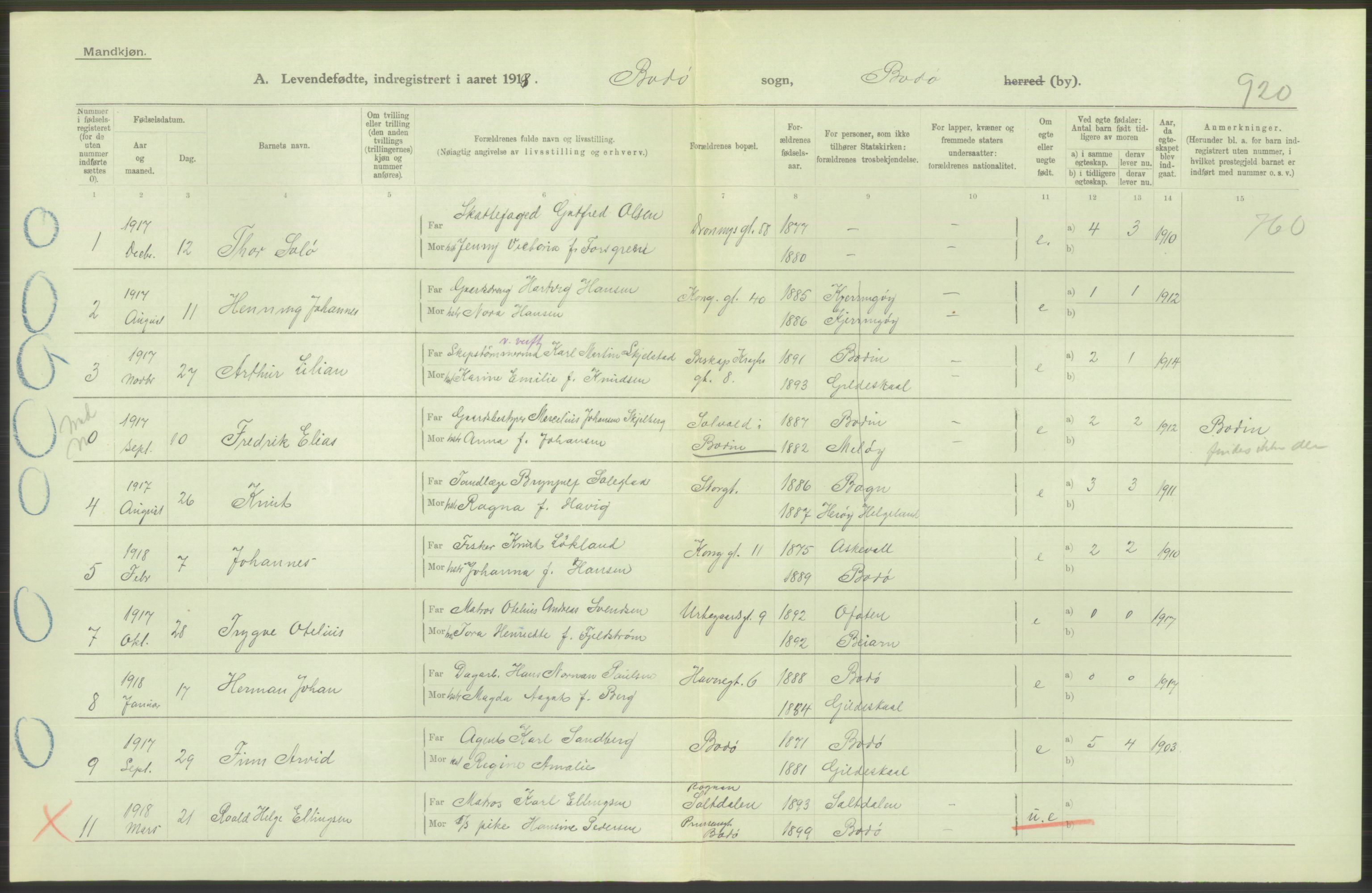 Statistisk sentralbyrå, Sosiodemografiske emner, Befolkning, RA/S-2228/D/Df/Dfb/Dfbh/L0053: Nordland fylke: Levendefødte menn og kvinner. Bygder og byer., 1918, p. 390