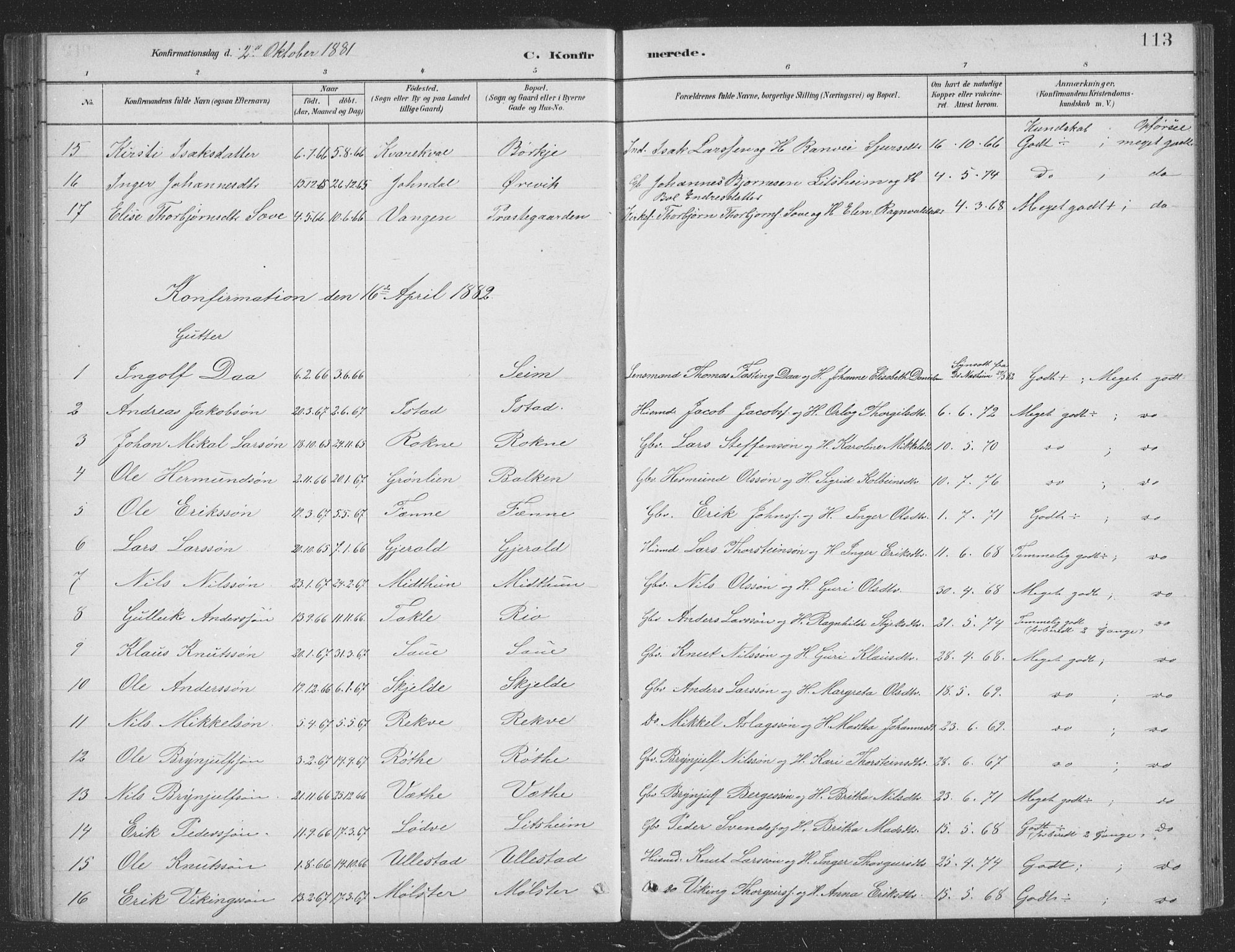 Voss sokneprestembete, SAB/A-79001/H/Hab: Parish register (copy) no. B 3, 1879-1894, p. 113