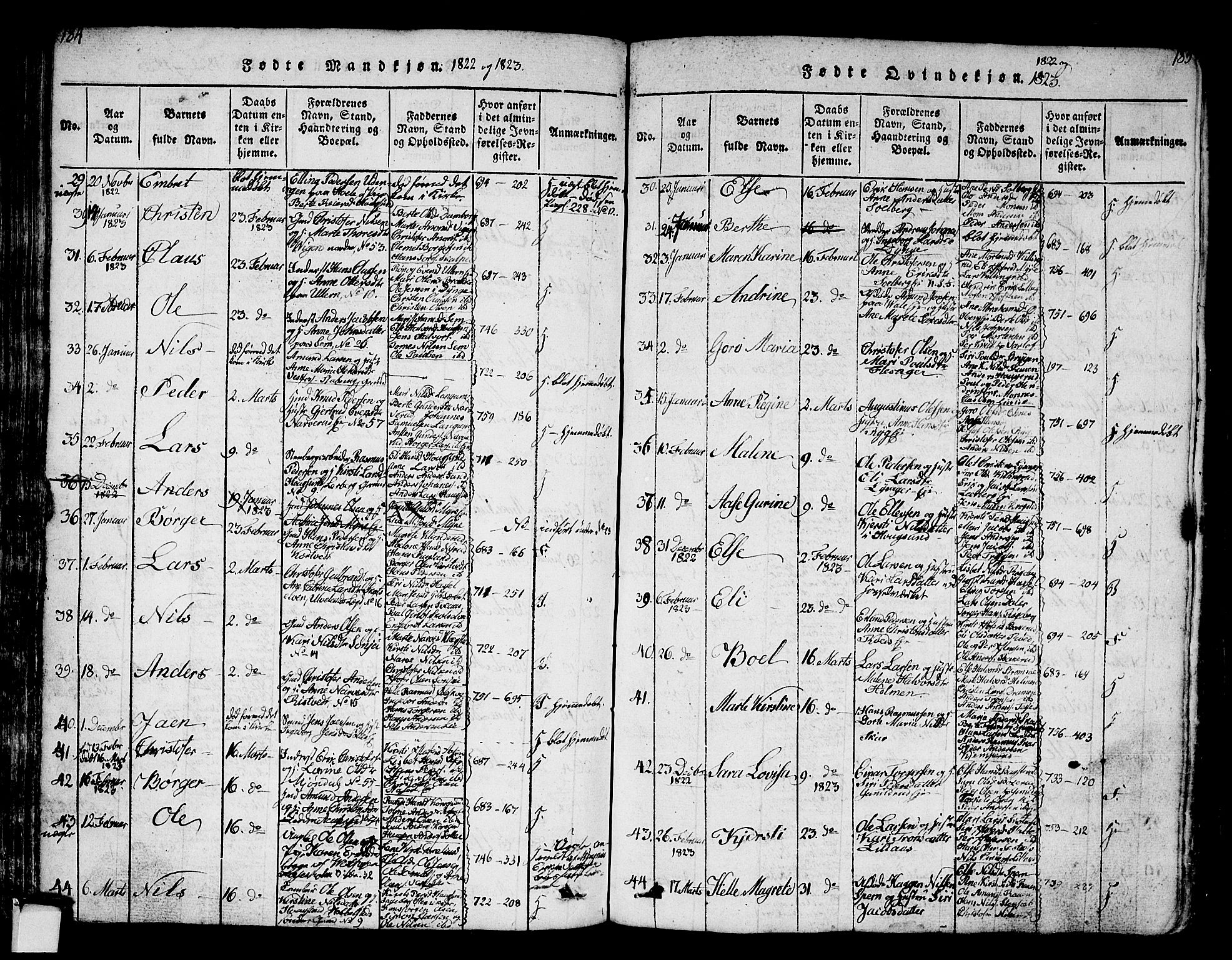 Eiker kirkebøker, AV/SAKO-A-4/G/Ga/L0001: Parish register (copy) no. I 1, 1814-1832, p. 184-185