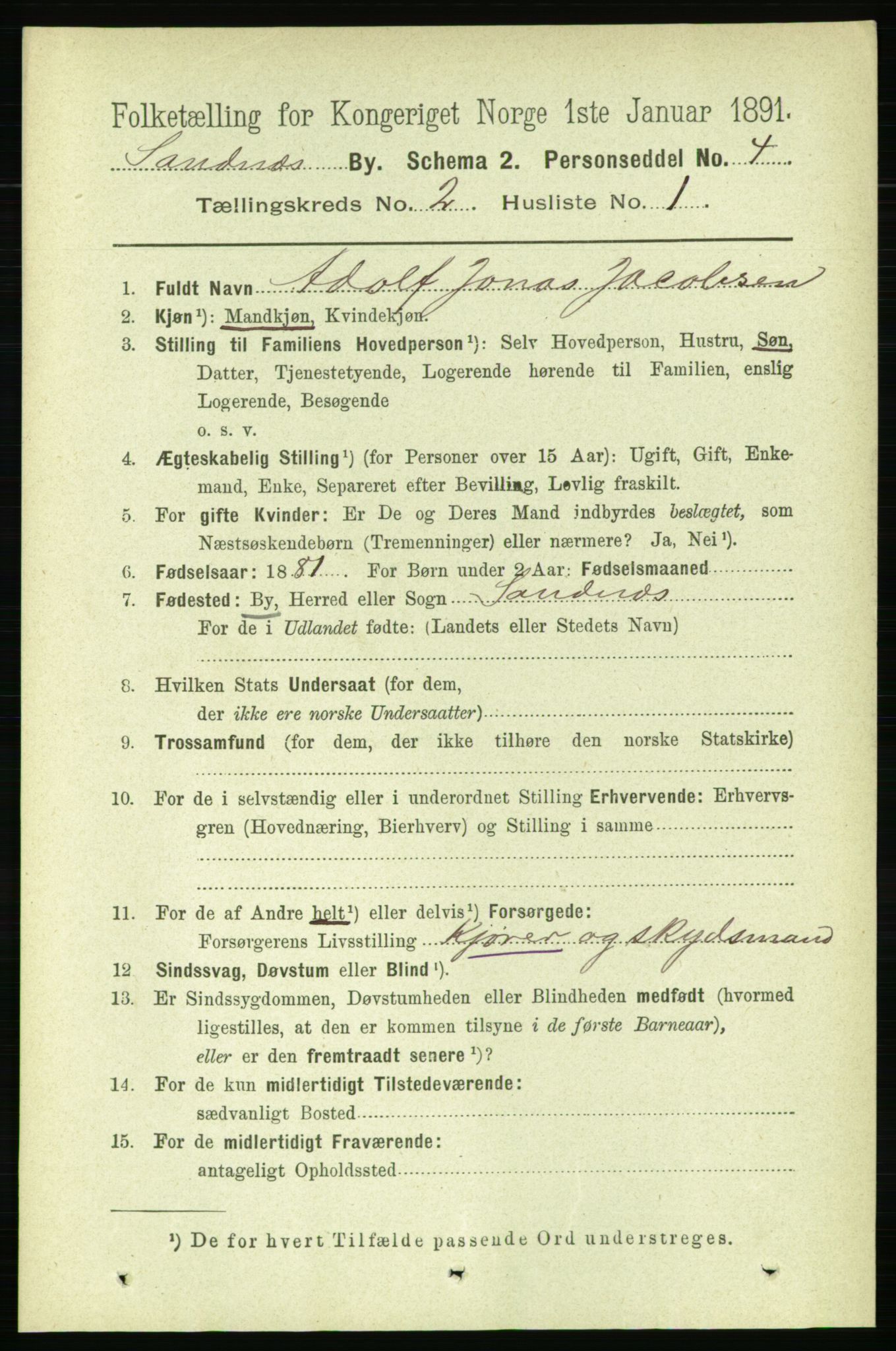 RA, 1891 census for 1102 Sandnes, 1891, p. 939