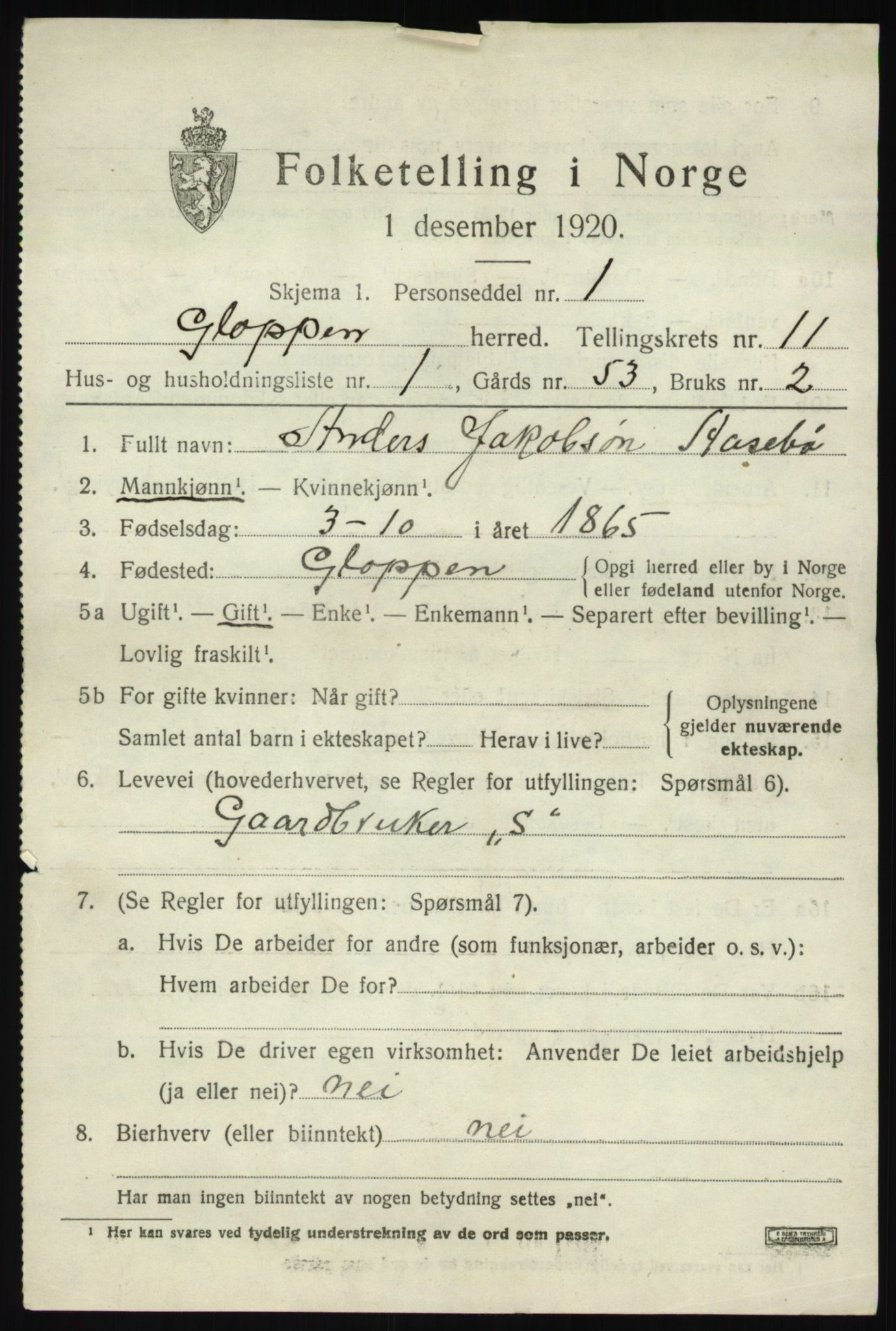 SAB, 1920 census for Gloppen, 1920, p. 5474