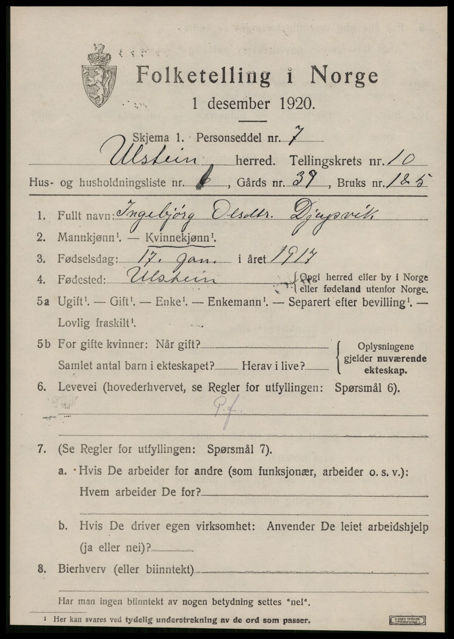 SAT, 1920 census for Ulstein, 1920, p. 5326