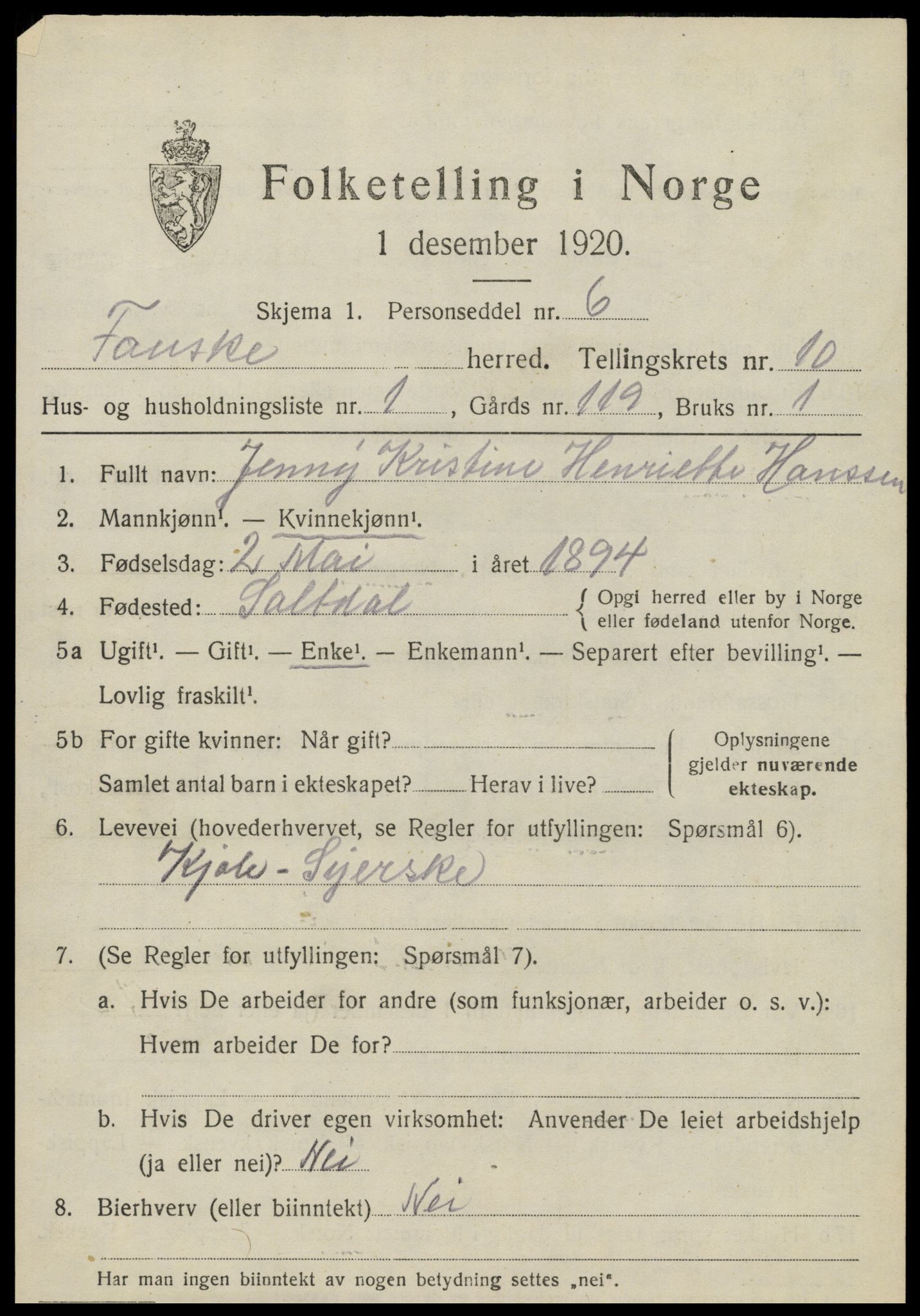 SAT, 1920 census for Fauske, 1920, p. 7602