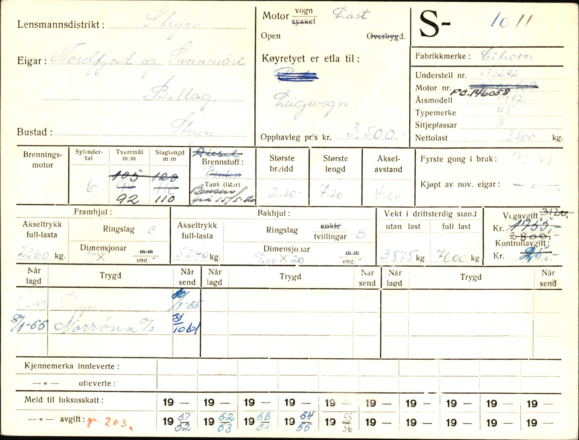 Statens vegvesen, Sogn og Fjordane vegkontor, AV/SAB-A-5301/4/F/L0003: Registerkort utmeldte Fjordane S1000-2499, 1930-1961, p. 19