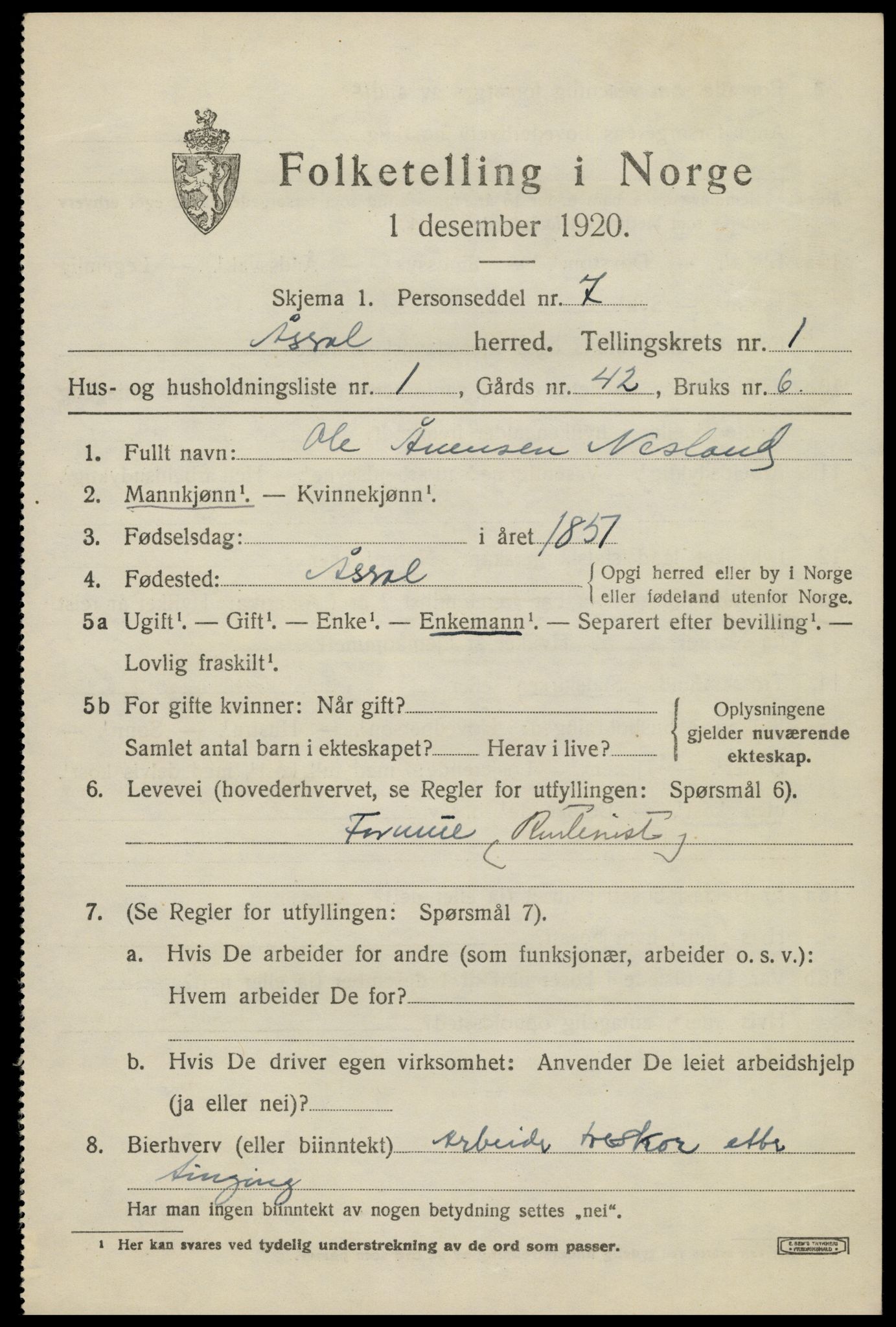 SAK, 1920 census for Åseral, 1920, p. 528