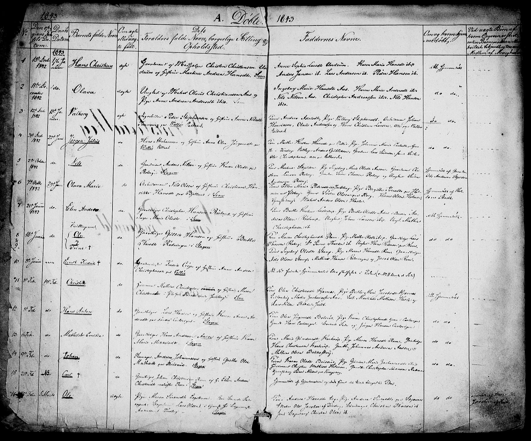 Sem kirkebøker, AV/SAKO-A-5/F/Fa/L0006: Parish register (official) no. I 6, 1843-1855, p. 1-2