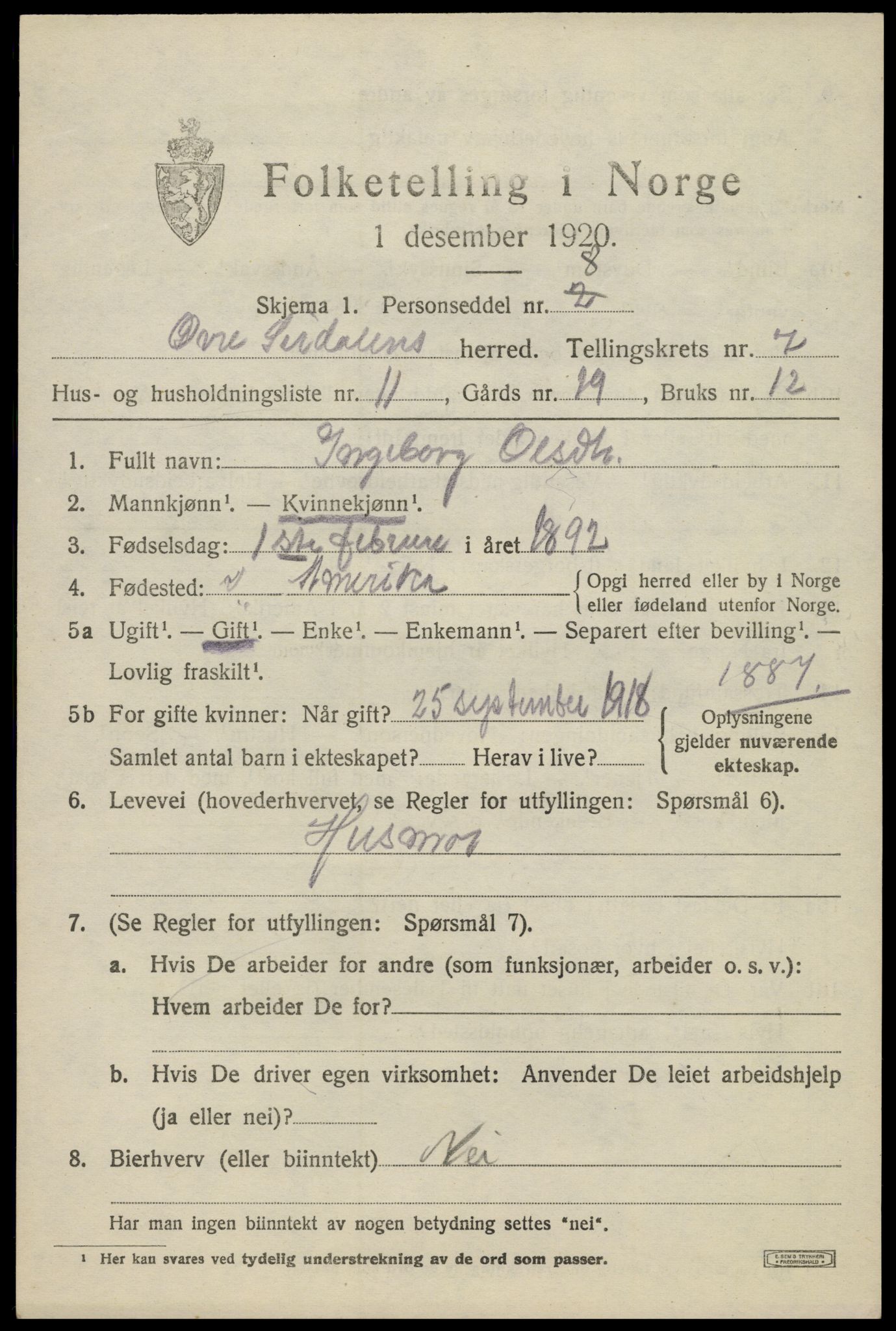 SAK, 1920 census for Øvre Sirdal, 1920, p. 1311