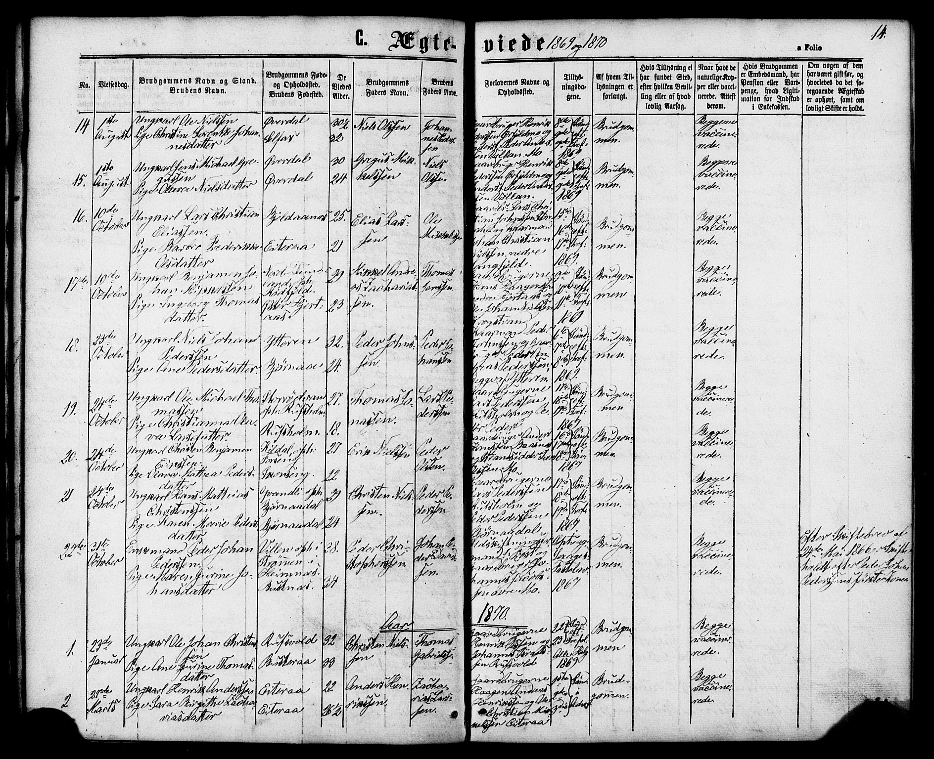 Ministerialprotokoller, klokkerbøker og fødselsregistre - Nordland, SAT/A-1459/827/L0395: Parish register (official) no. 827A07, 1864-1886, p. 14