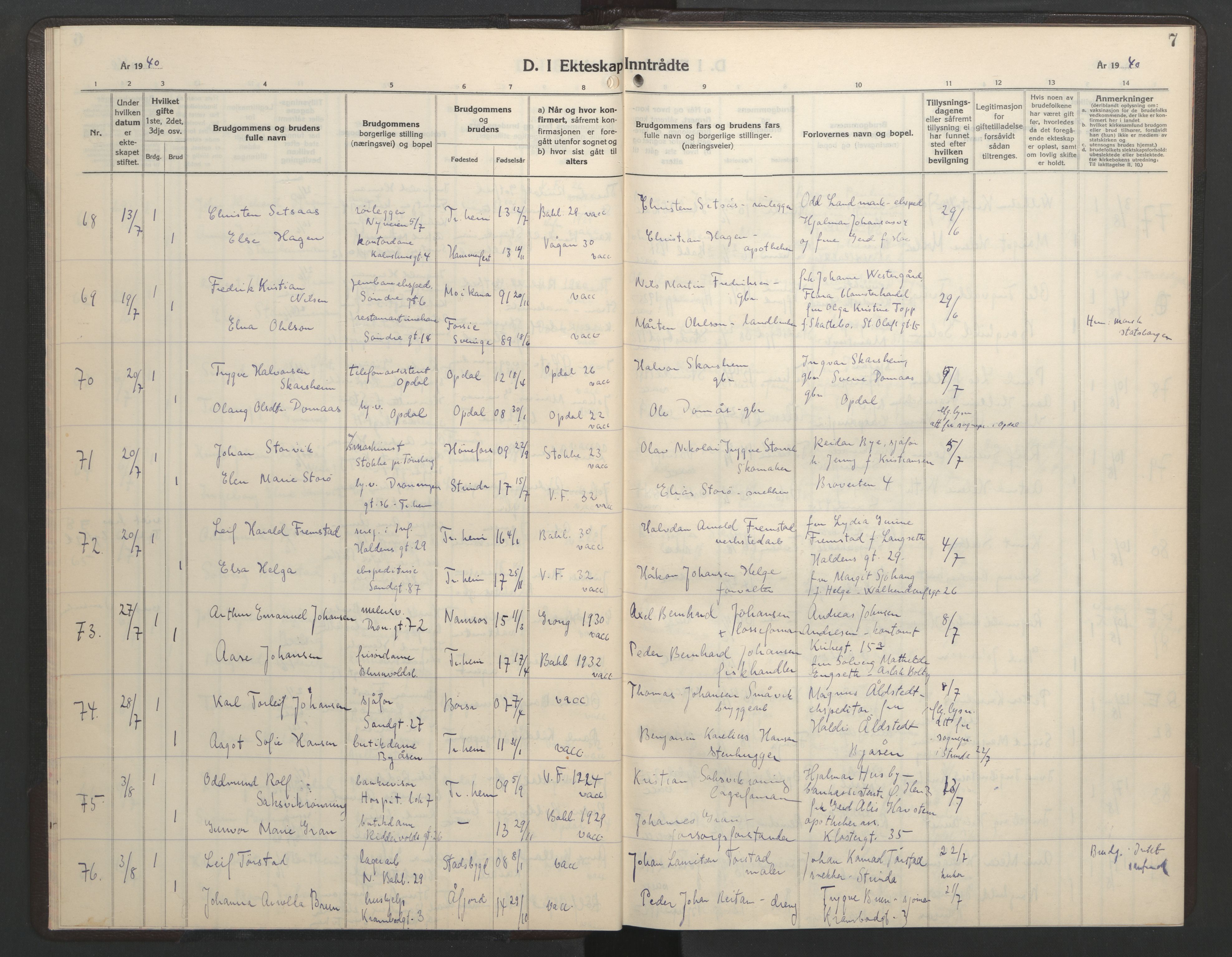 Ministerialprotokoller, klokkerbøker og fødselsregistre - Sør-Trøndelag, AV/SAT-A-1456/602/L0154: Parish register (copy) no. 602C22, 1940-1947, p. 7