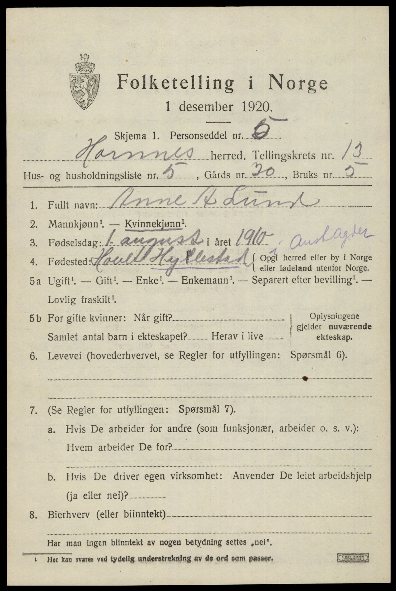 SAK, 1920 census for Hornnes, 1920, p. 3113