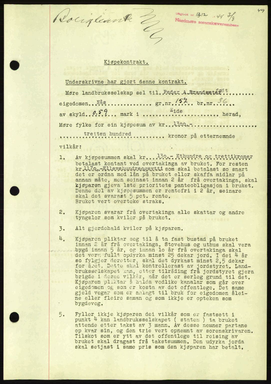 Nordmøre sorenskriveri, AV/SAT-A-4132/1/2/2Ca: Mortgage book no. B92, 1944-1945, Diary no: : 1312/1944