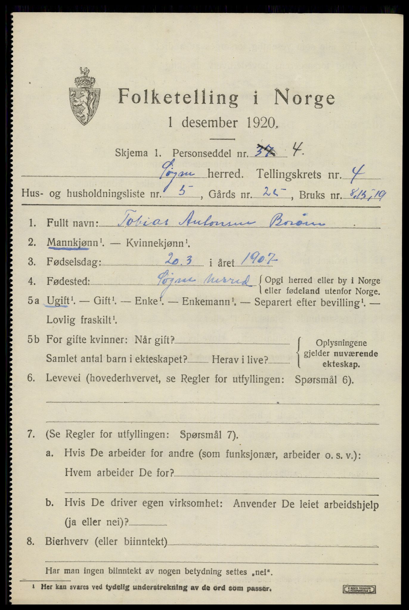 SAK, 1920 census for Søgne, 1920, p. 2065