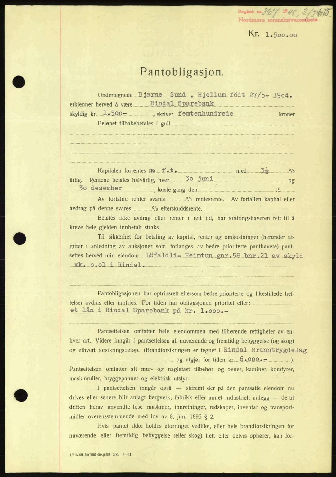 Nordmøre sorenskriveri, AV/SAT-A-4132/1/2/2Ca: Mortgage book no. B92, 1944-1945, Diary no: : 367/1945