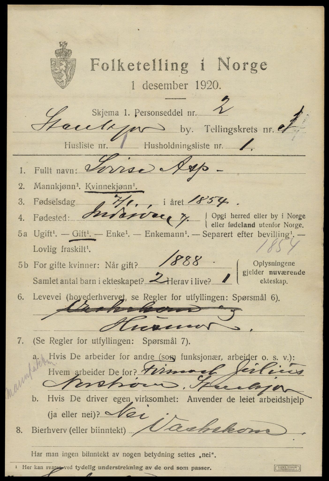 SAT, 1920 census for Steinkjer, 1920, p. 5728