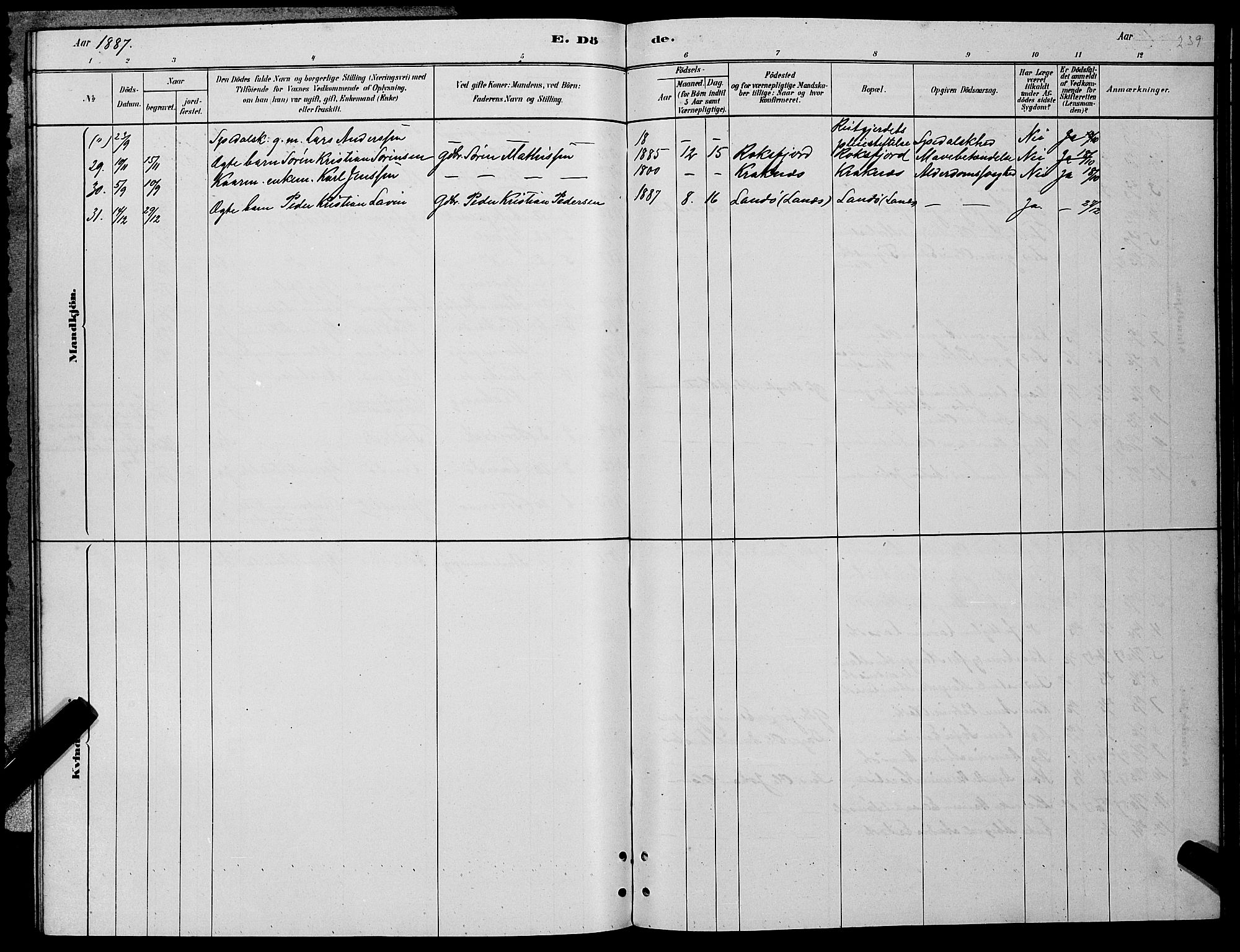 Lenvik sokneprestembete, AV/SATØ-S-1310/H/Ha/Hab/L0006klokker: Parish register (copy) no. 6, 1881-1889, p. 239