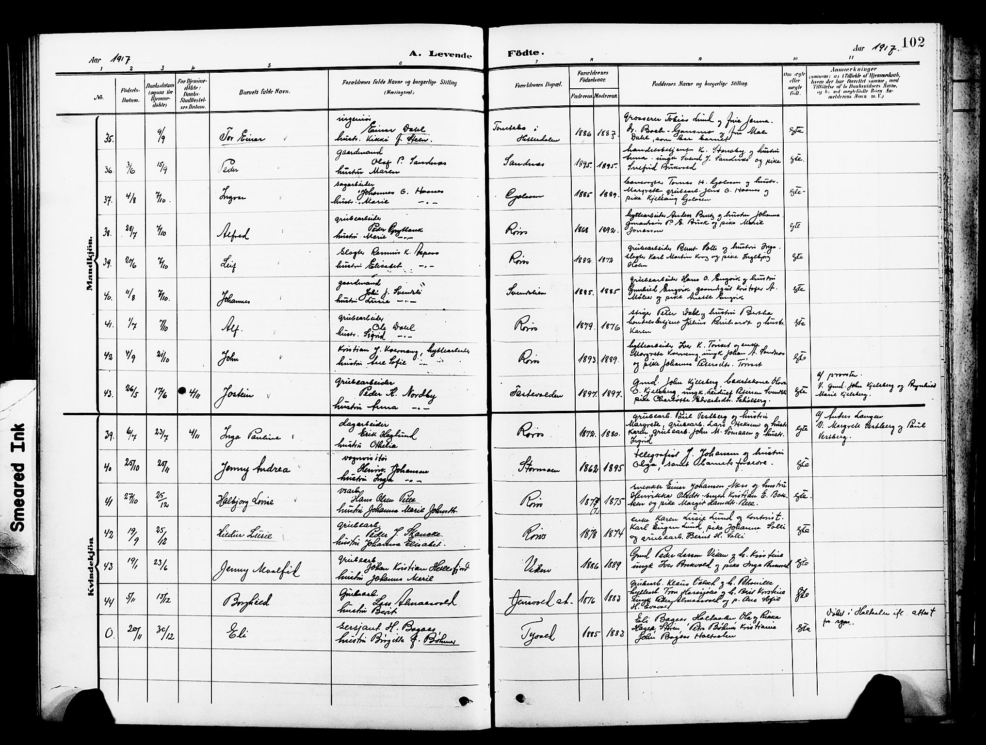 Ministerialprotokoller, klokkerbøker og fødselsregistre - Sør-Trøndelag, SAT/A-1456/681/L0942: Parish register (copy) no. 681C06, 1906-1925, p. 102