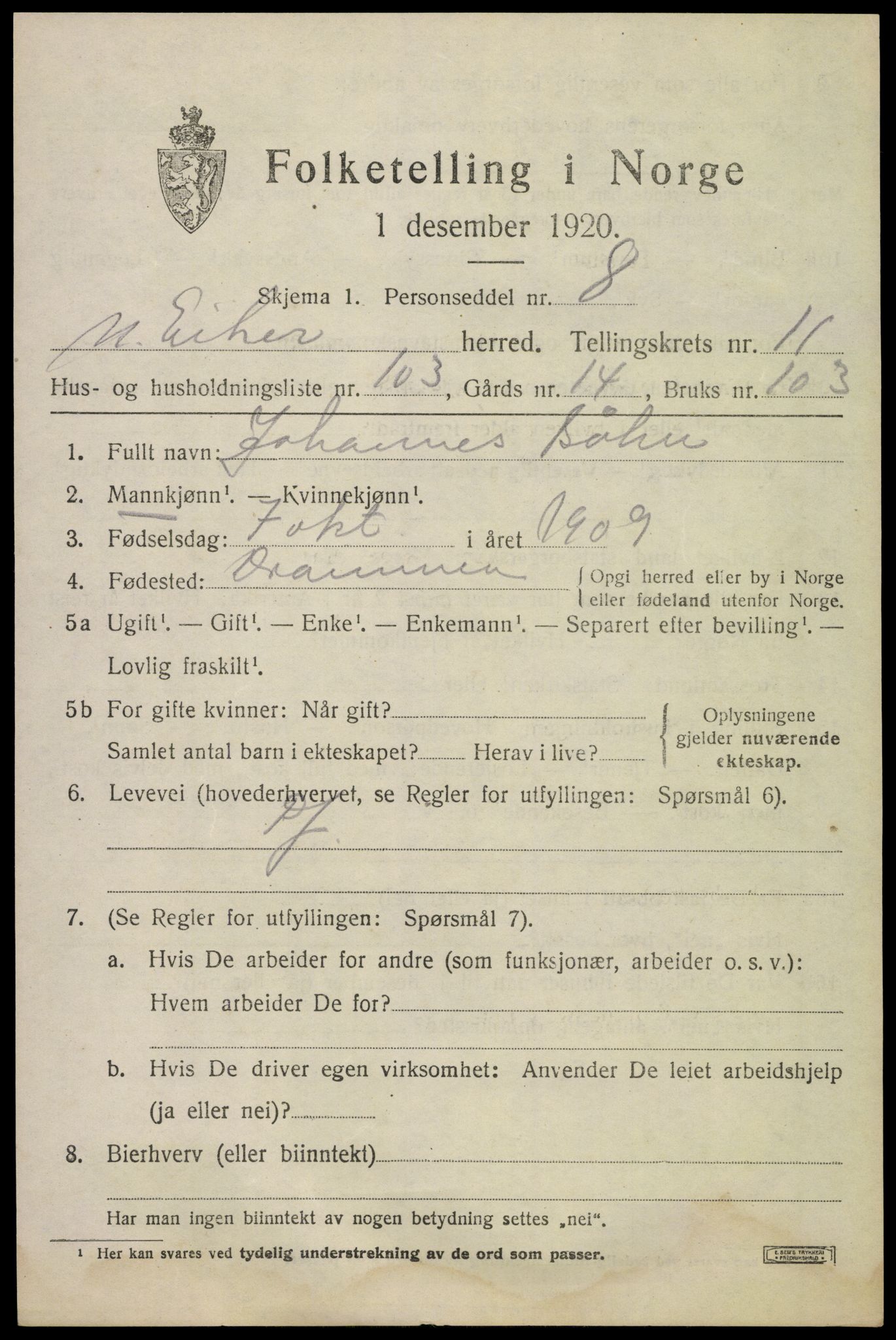 SAKO, 1920 census for Nedre Eiker, 1920, p. 12665