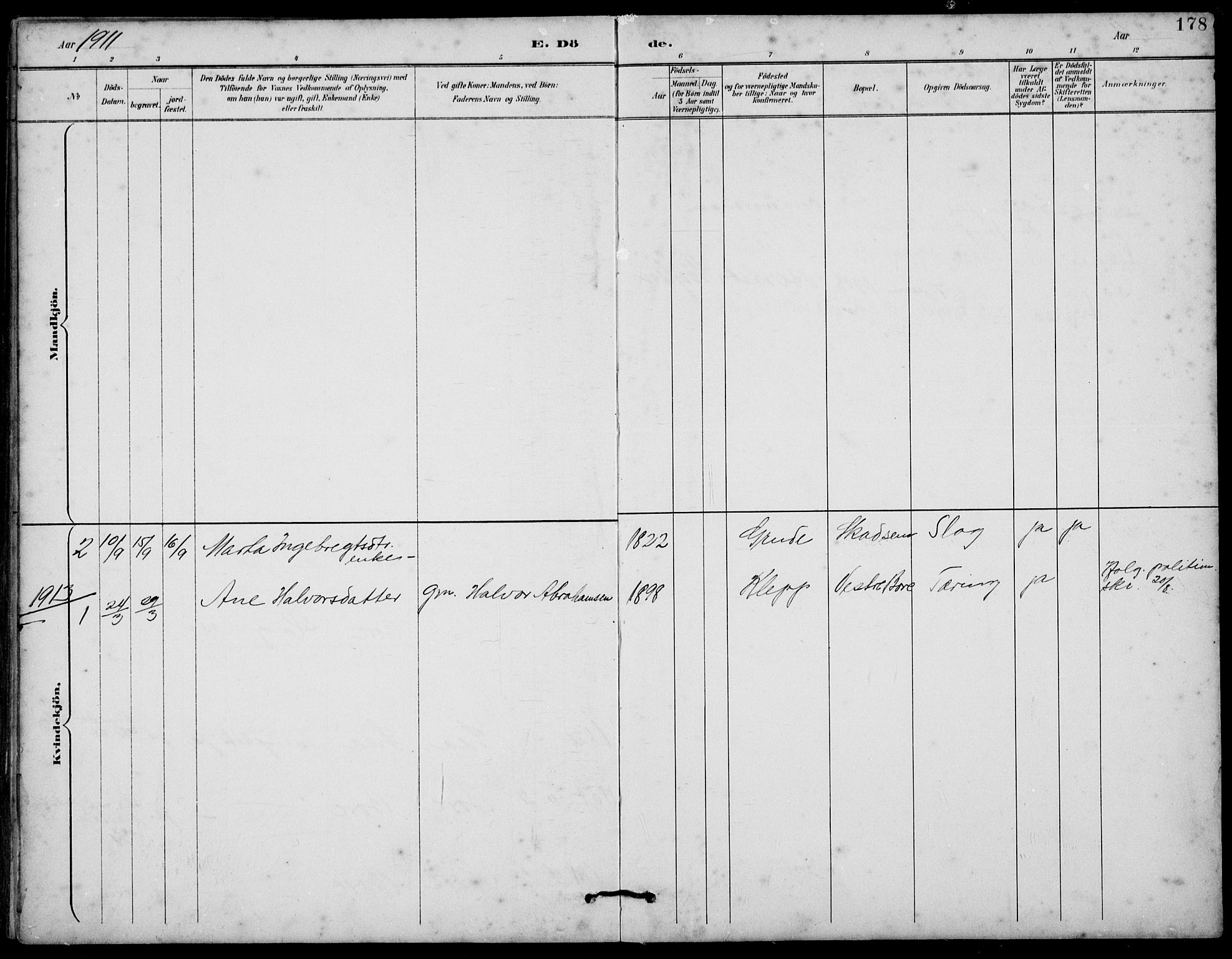 Klepp sokneprestkontor, AV/SAST-A-101803/001/3/30BB/L0006: Parish register (copy) no. B 6, 1889-1936, p. 178