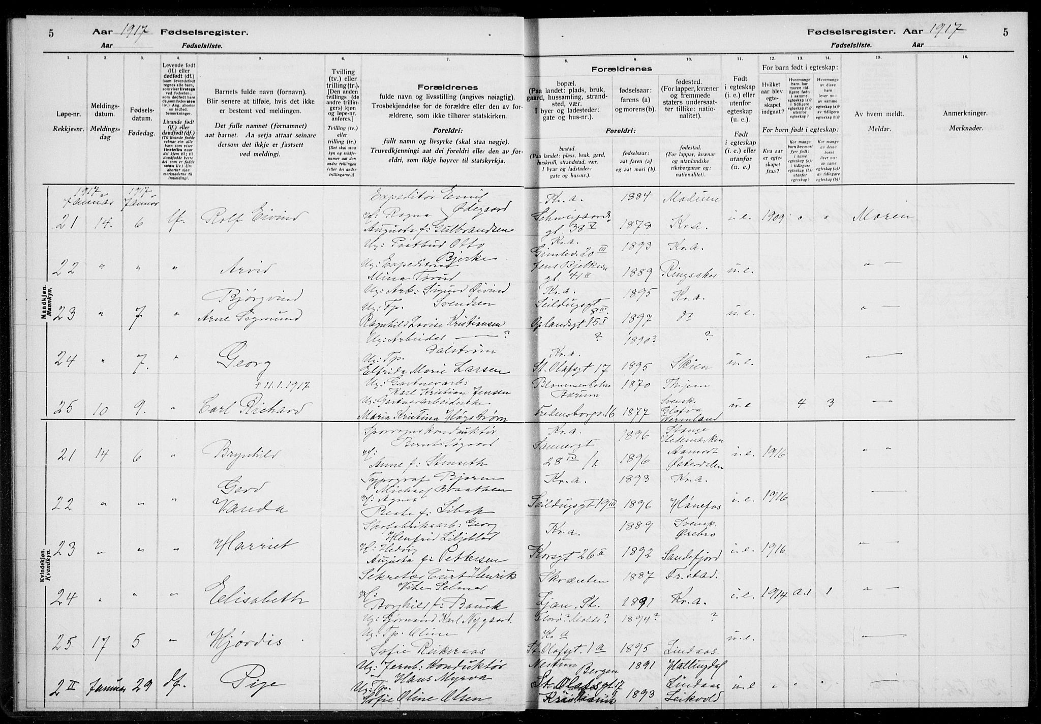 Rikshospitalet prestekontor Kirkebøker, AV/SAO-A-10309b/J/L0002: Birth register no. 2, 1917-1917, p. 5