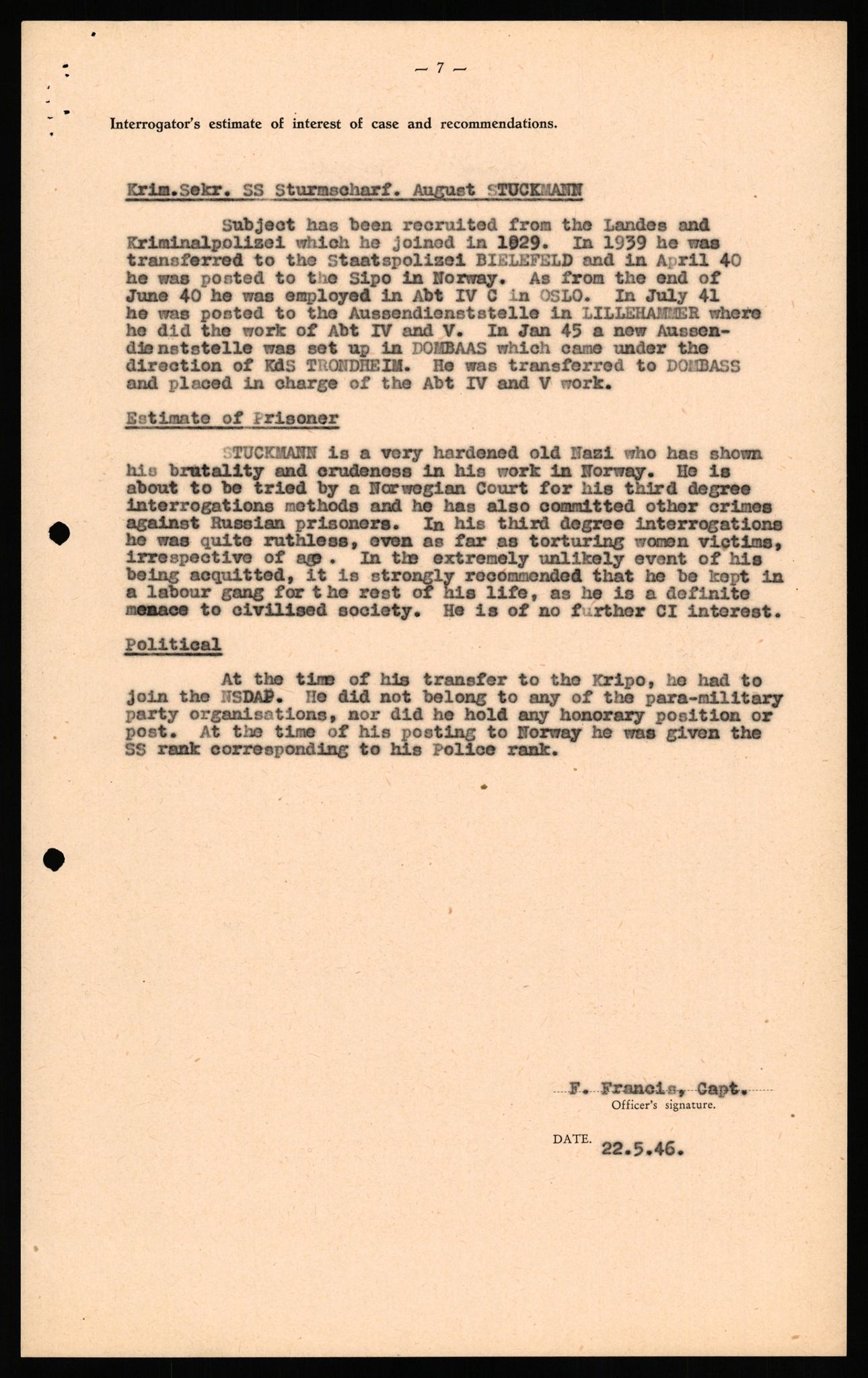Forsvaret, Forsvarets overkommando II, RA/RAFA-3915/D/Db/L0033: CI Questionaires. Tyske okkupasjonsstyrker i Norge. Tyskere., 1945-1946, p. 274