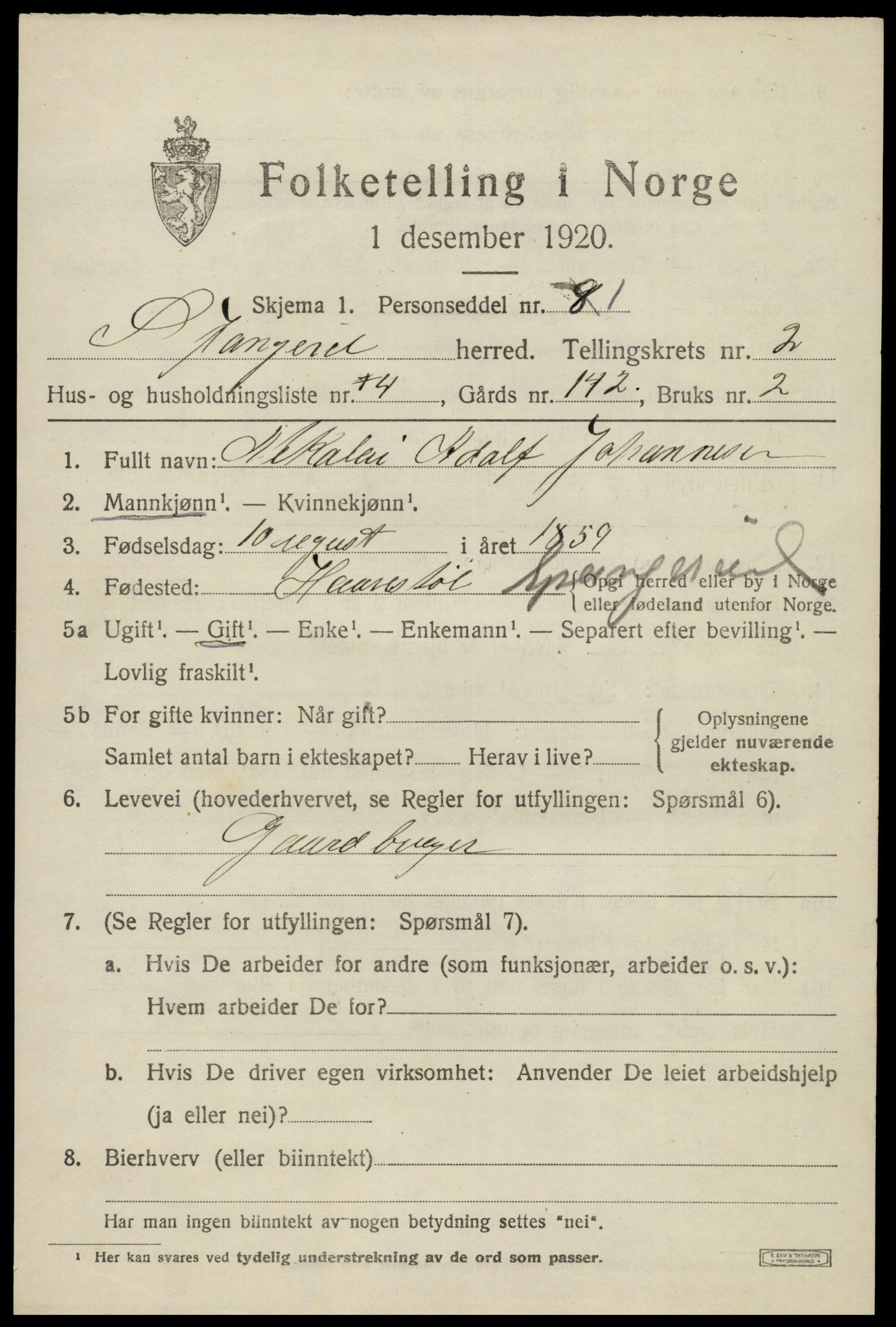 SAK, 1920 census for Spangereid, 1920, p. 1075