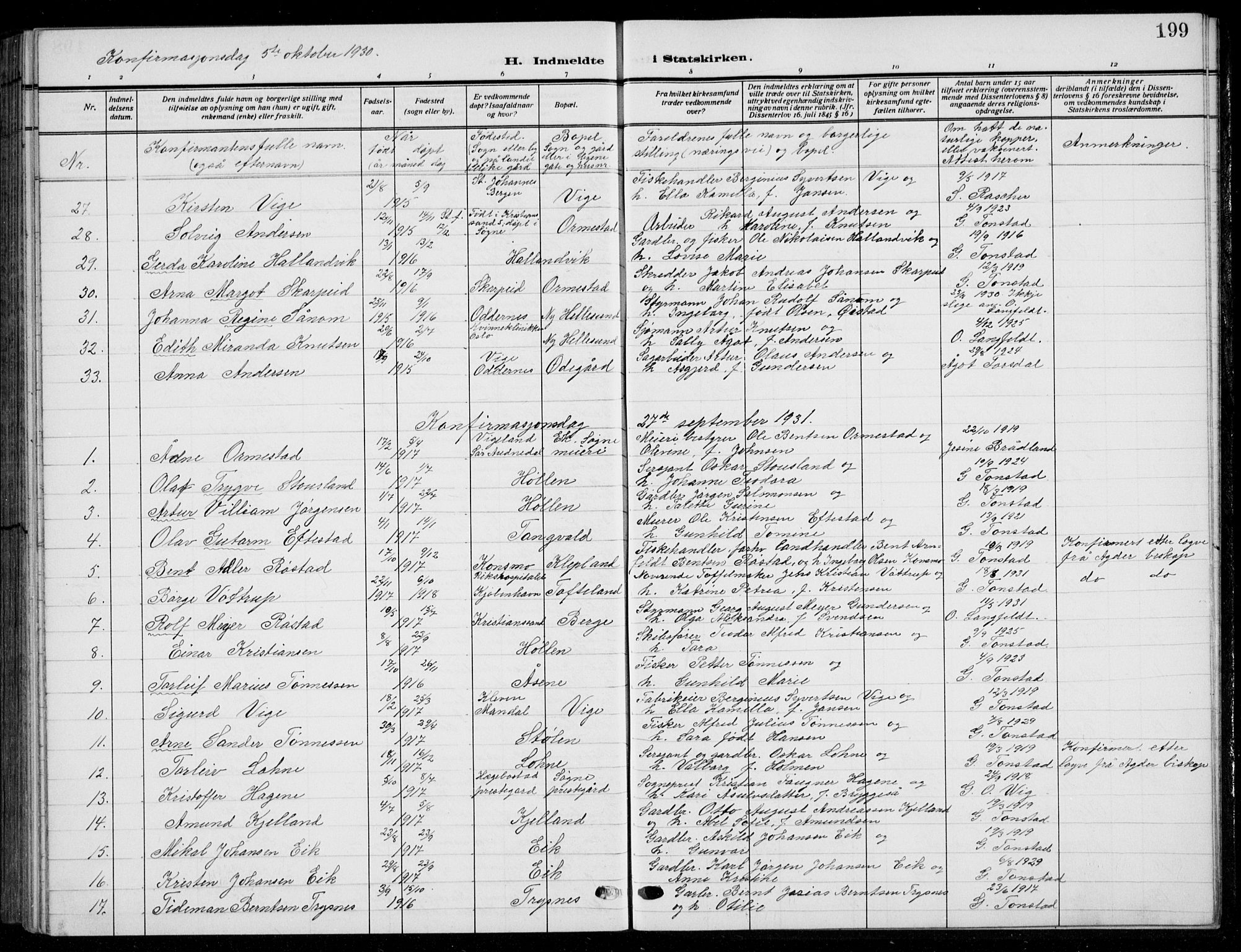 Søgne sokneprestkontor, SAK/1111-0037/F/Fb/Fbb/L0007: Parish register (copy) no. B 7, 1912-1931, p. 199