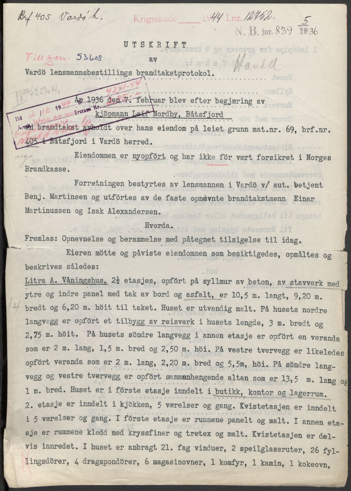 Norges Brannkasse, AV/RA-S-1549/E/Eu/L0019: Branntakster for Vardø by, 1889-1955, p. 38