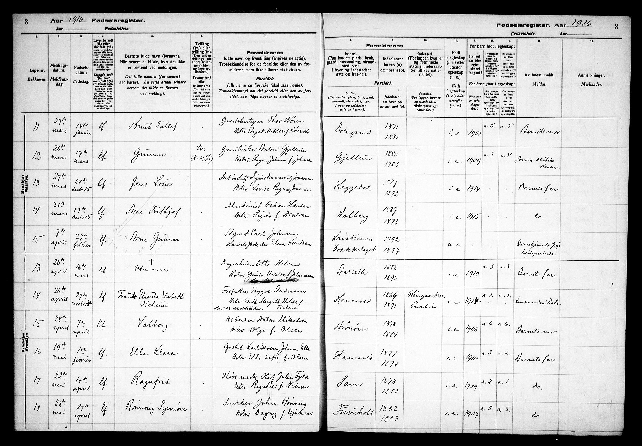 Asker prestekontor Kirkebøker, SAO/A-10256a/J/L0001: Birth register no. 1, 1916-1925, p. 3