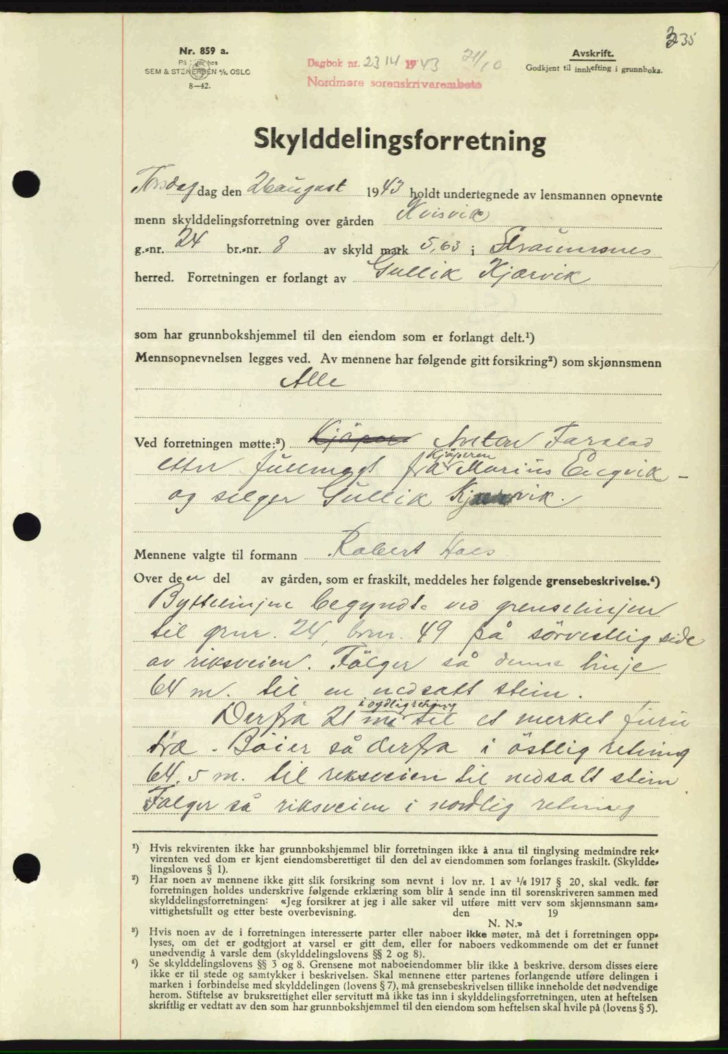 Nordmøre sorenskriveri, SAT/A-4132/1/2/2Ca: Mortgage book no. A96, 1943-1944, Diary no: : 2314/1943