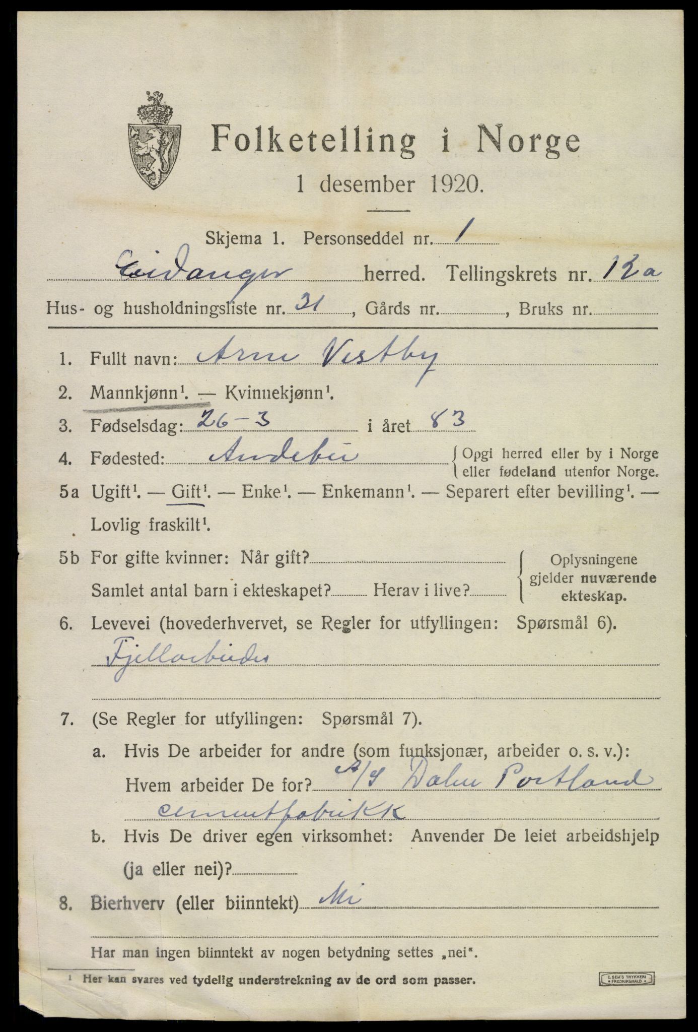 SAKO, 1920 census for Eidanger, 1920, p. 7528