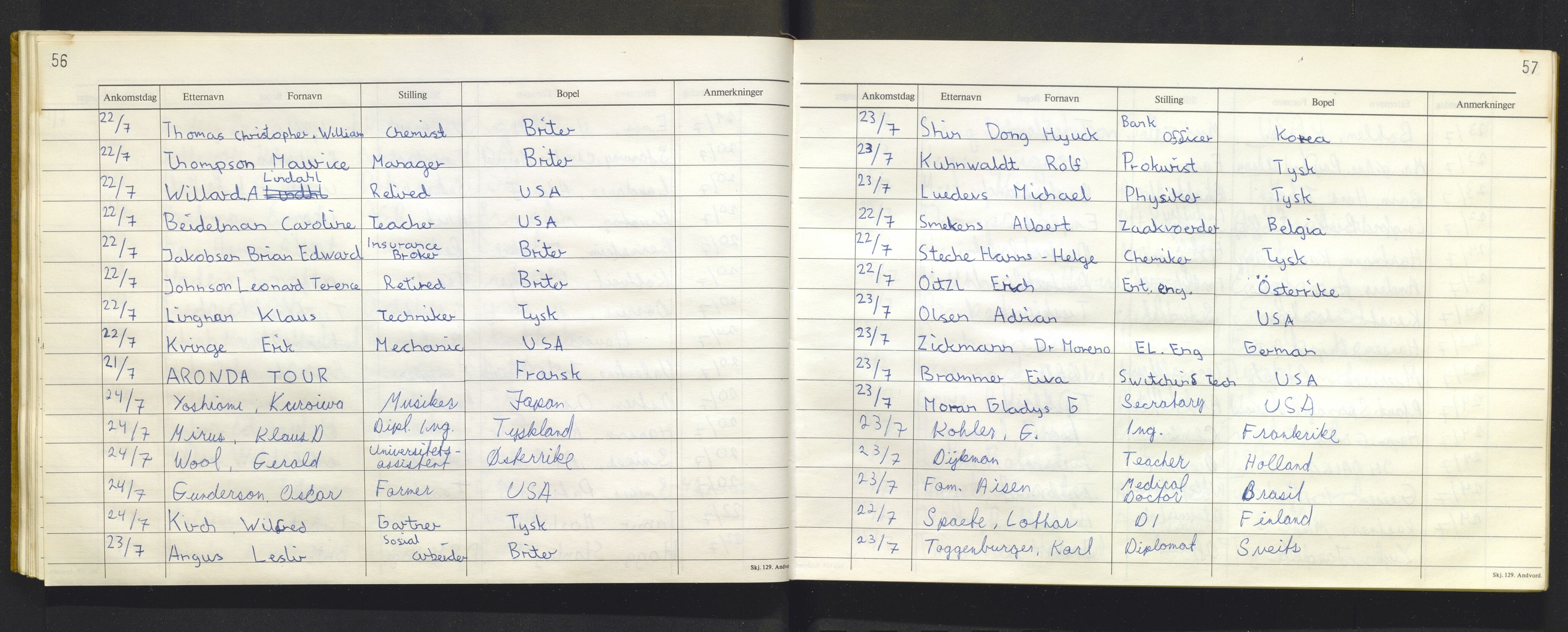 Bergen politikammer / politidistrikt, AV/SAB-A-60401/J.f/L0009: Fremmedbok for Fantoft sommerhotell, 1984-1985, p. 56-57