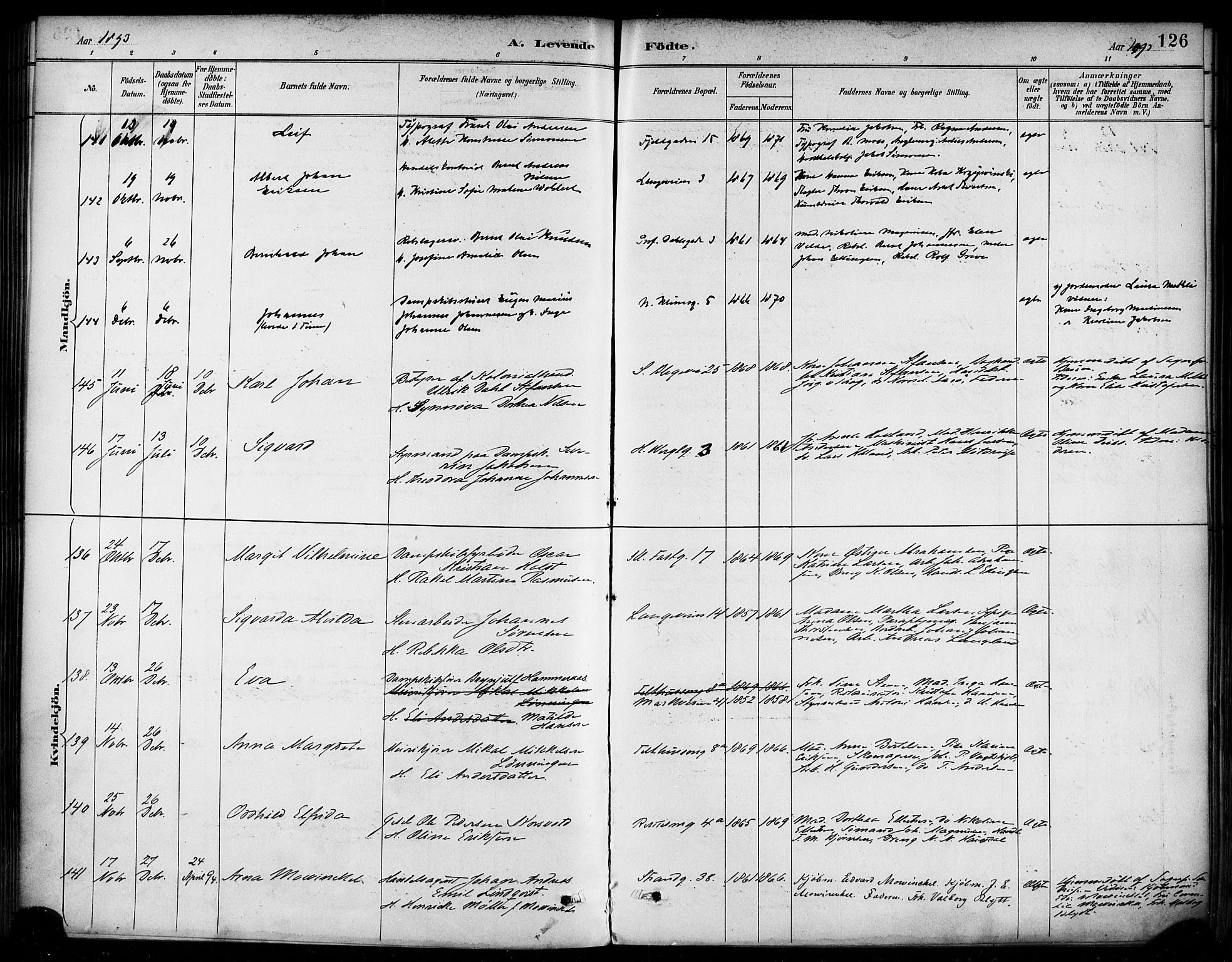 Korskirken sokneprestembete, AV/SAB-A-76101/H/Haa/L0022: Parish register (official) no. B 8, 1889-1899, p. 126