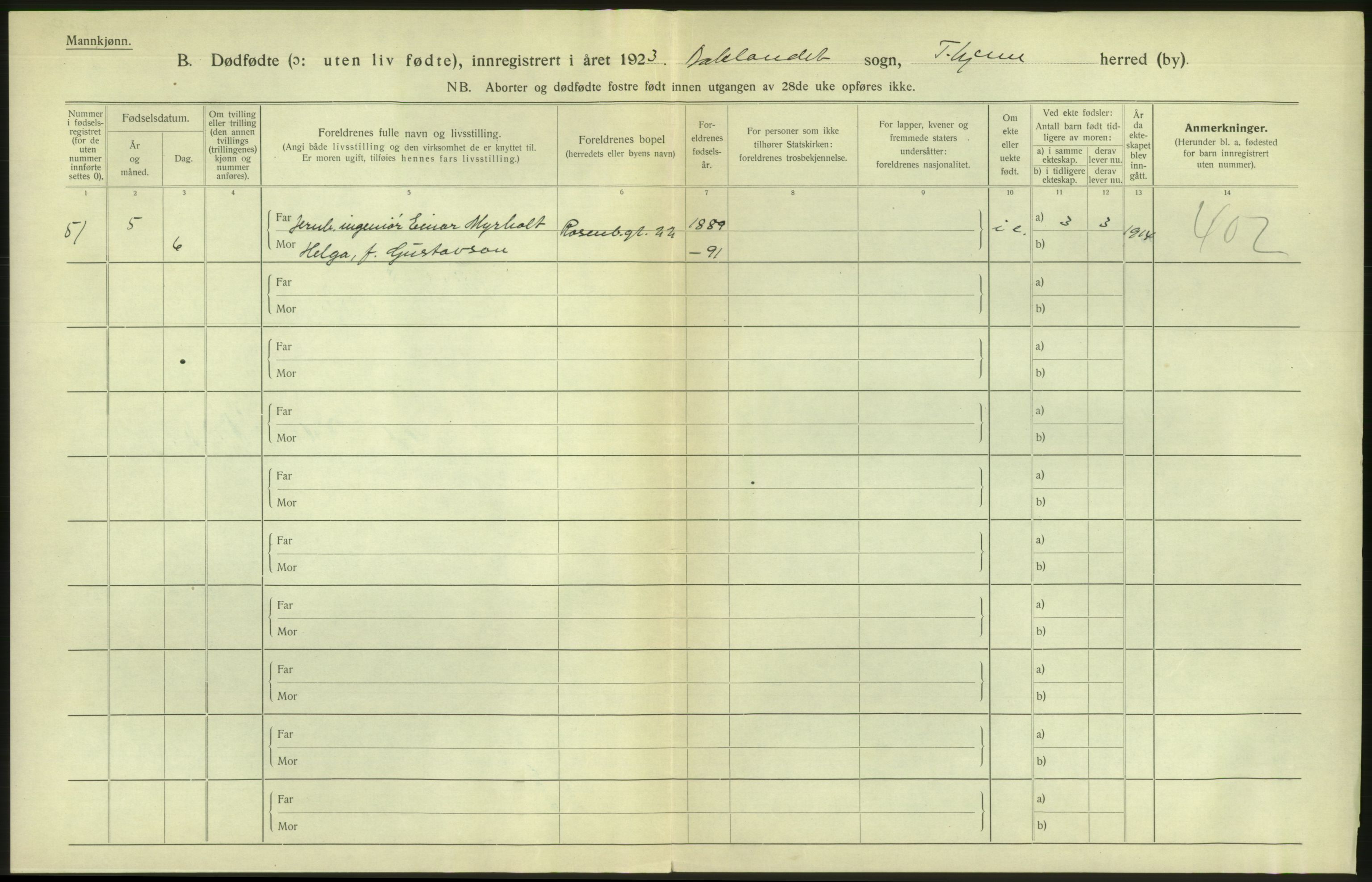 Statistisk sentralbyrå, Sosiodemografiske emner, Befolkning, AV/RA-S-2228/D/Df/Dfc/Dfcc/L0038: Trondheim: Levendefødte menn og kvinner, gifte, døde, dødfødte., 1923, p. 872