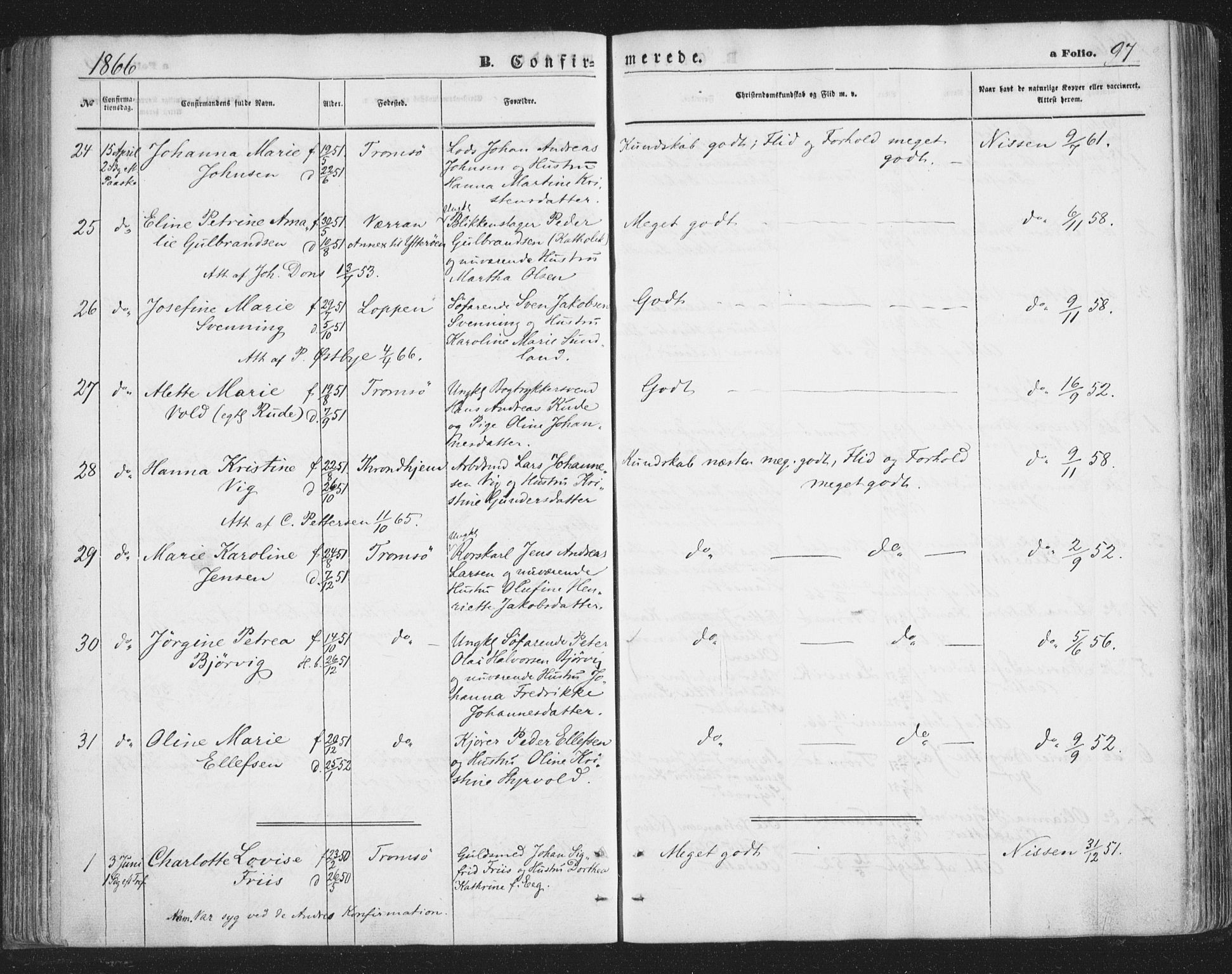 Tromsø sokneprestkontor/stiftsprosti/domprosti, AV/SATØ-S-1343/G/Ga/L0012kirke: Parish register (official) no. 12, 1865-1871, p. 97