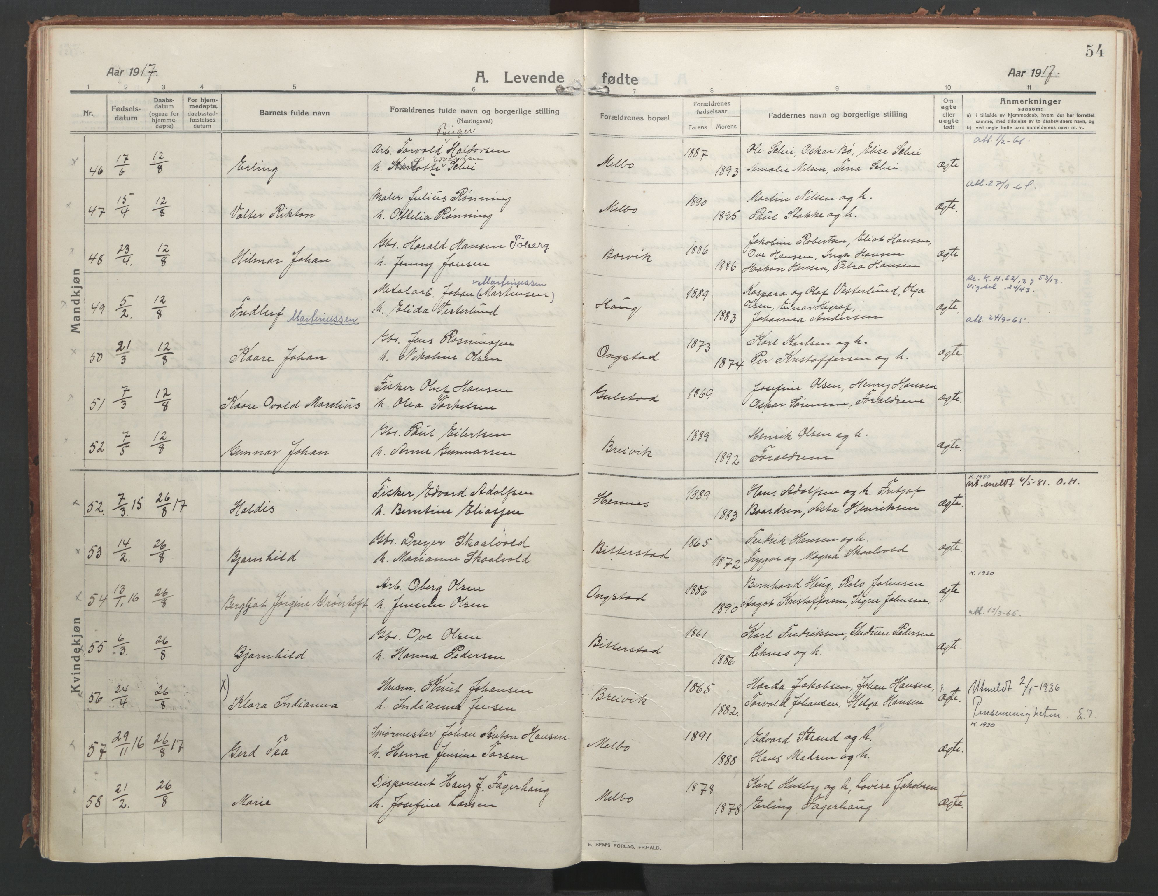 Ministerialprotokoller, klokkerbøker og fødselsregistre - Nordland, AV/SAT-A-1459/888/L1250: Parish register (official) no. 888A16, 1913-1925, p. 54