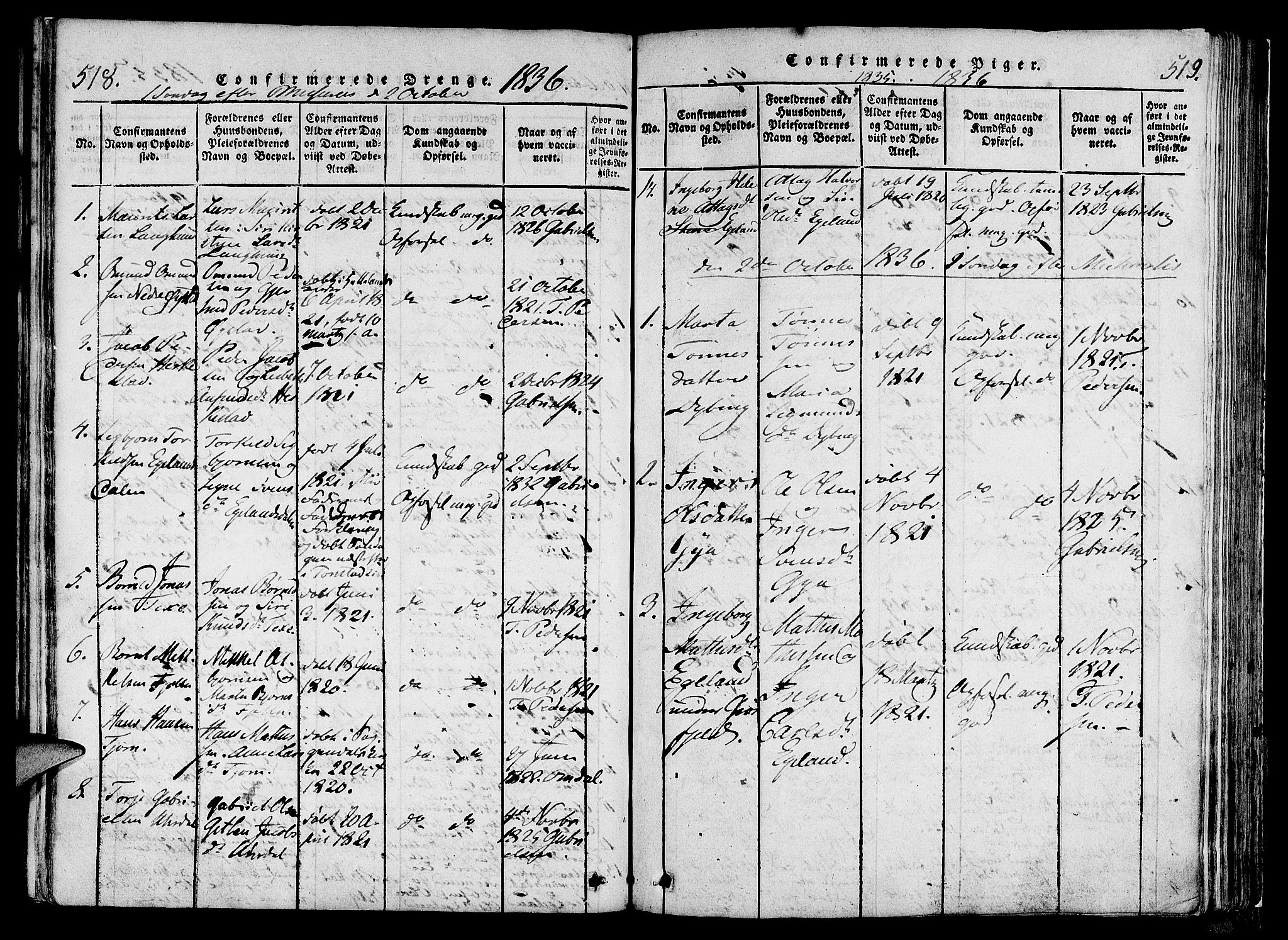 Lund sokneprestkontor, SAST/A-101809/S06/L0006: Parish register (official) no. A 6, 1816-1839, p. 518-519