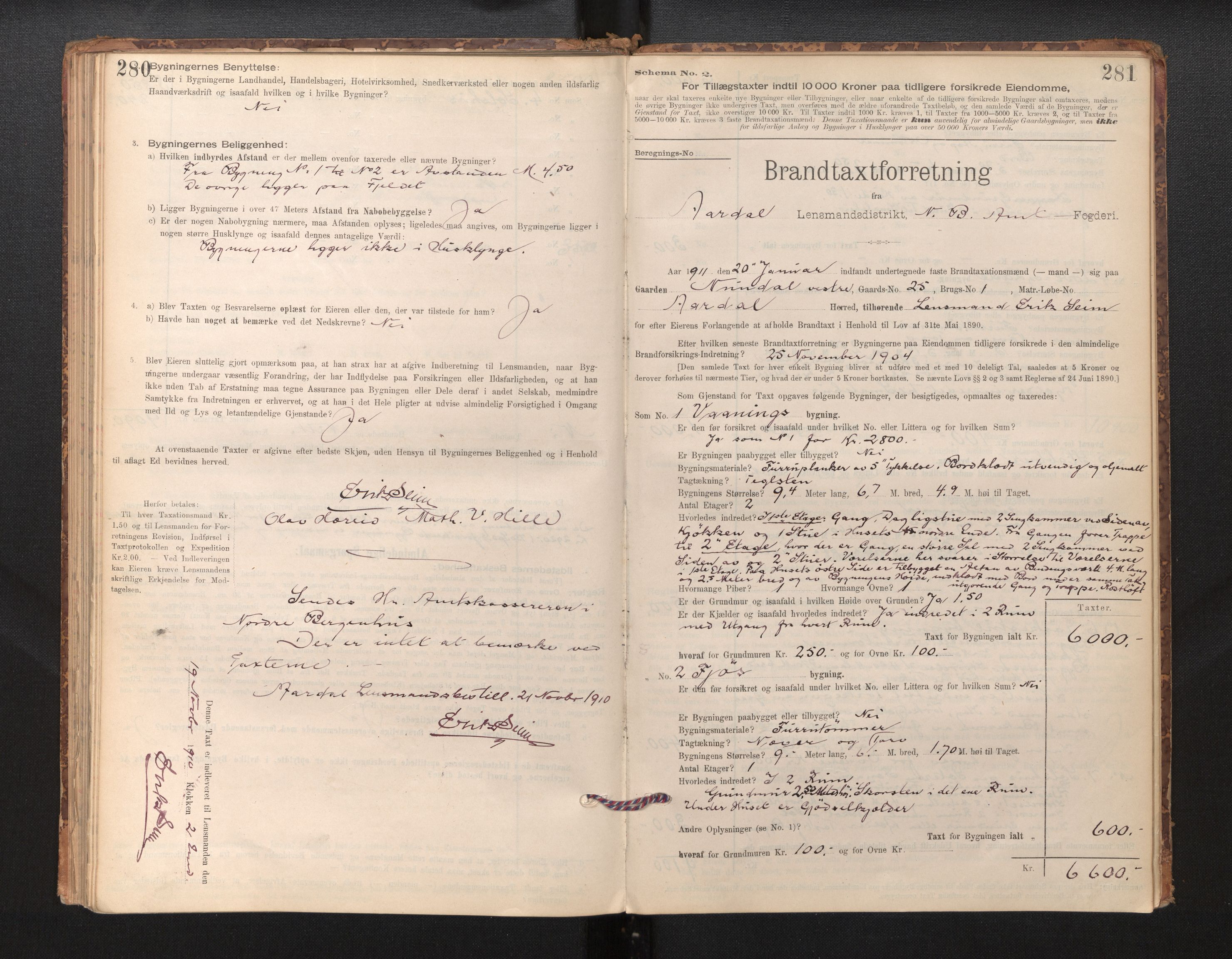 Lensmannen i Årdal, SAB/A-30501/0012/L0008: Branntakstprotokoll, skjematakst, 1895-1915, p. 280-281