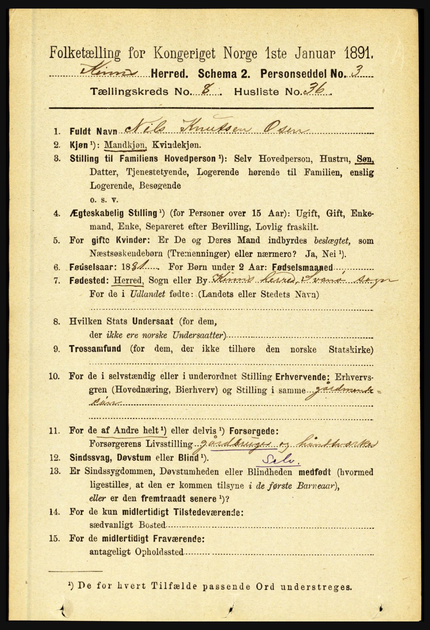RA, 1891 census for 1437 Kinn, 1891, p. 3339