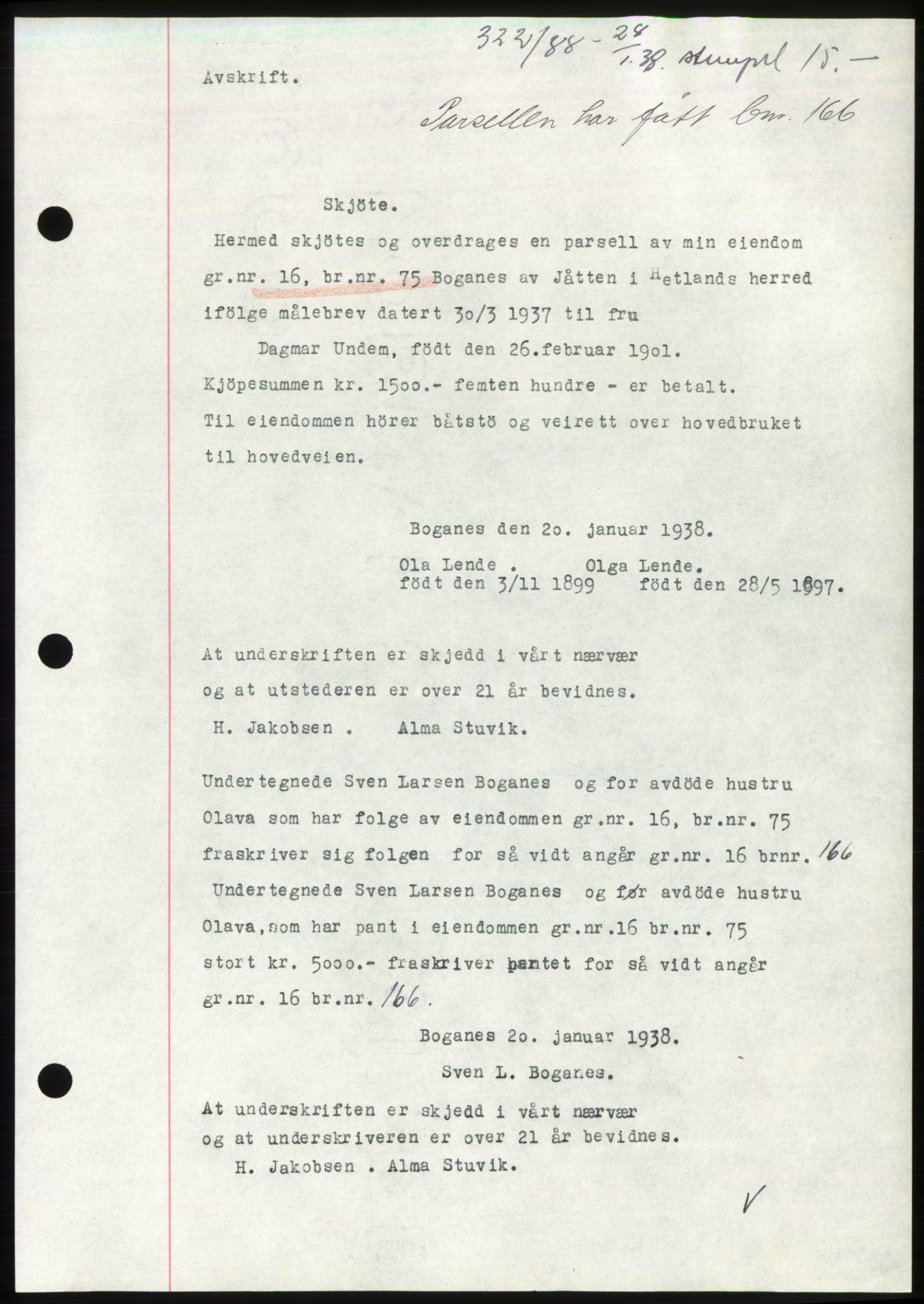 Jæren sorenskriveri, SAST/A-100310/03/G/Gba/L0070: Mortgage book, 1938-1938, Diary no: : 322/1938