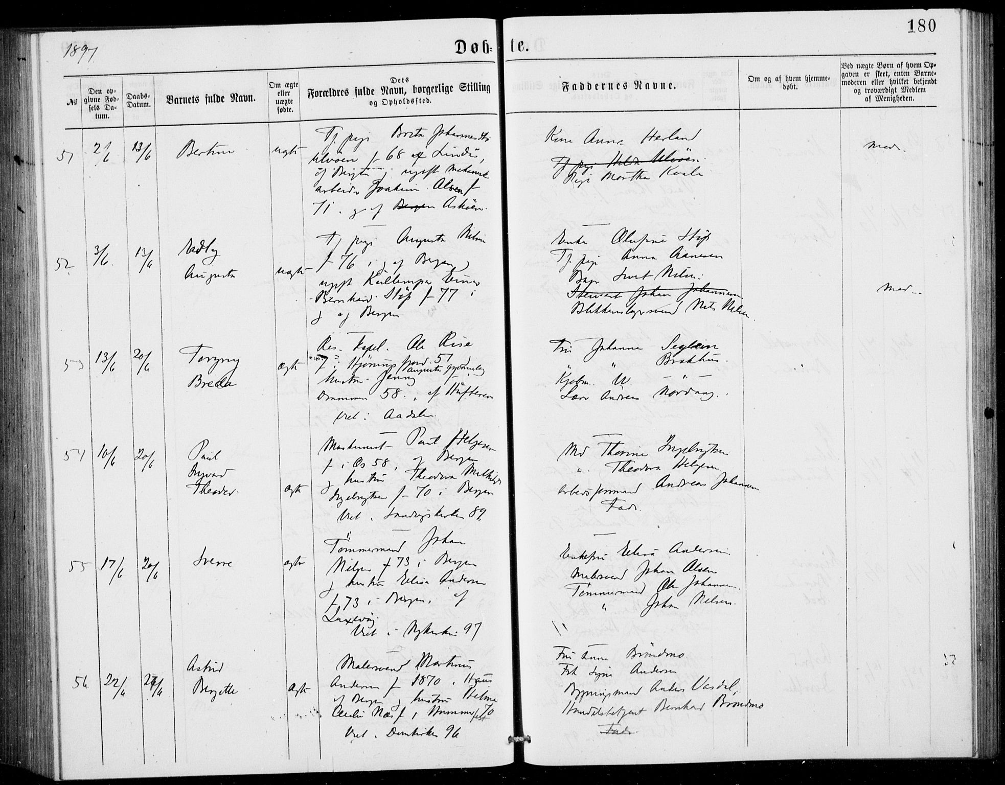 Fødselsstiftelsens sokneprestembete, ført av overlegen*, SAB/-: Parish register (official) no. A 2, 1884-1900, p. 180