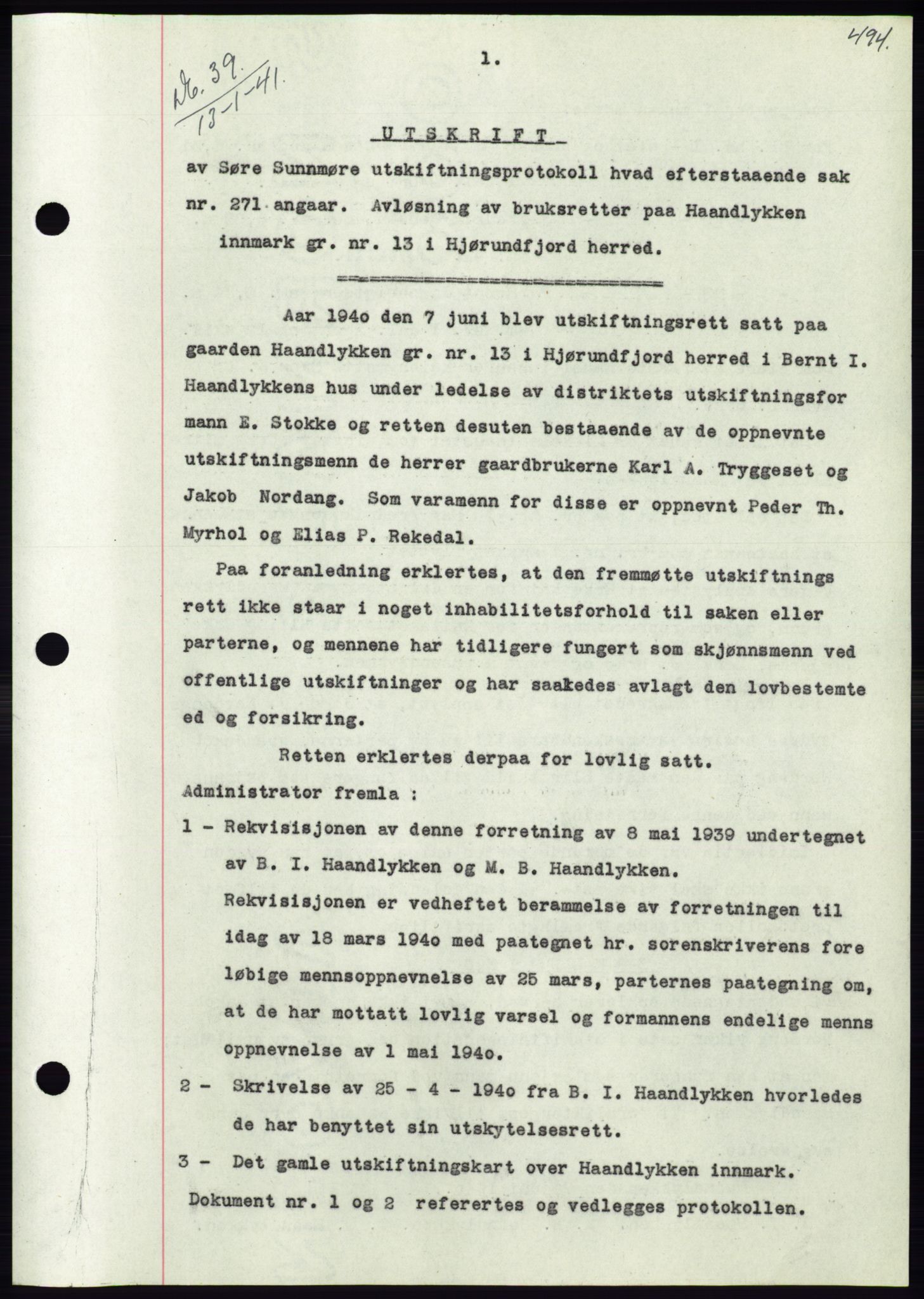 Søre Sunnmøre sorenskriveri, AV/SAT-A-4122/1/2/2C/L0070: Mortgage book no. 64, 1940-1941, Diary no: : 39/1941