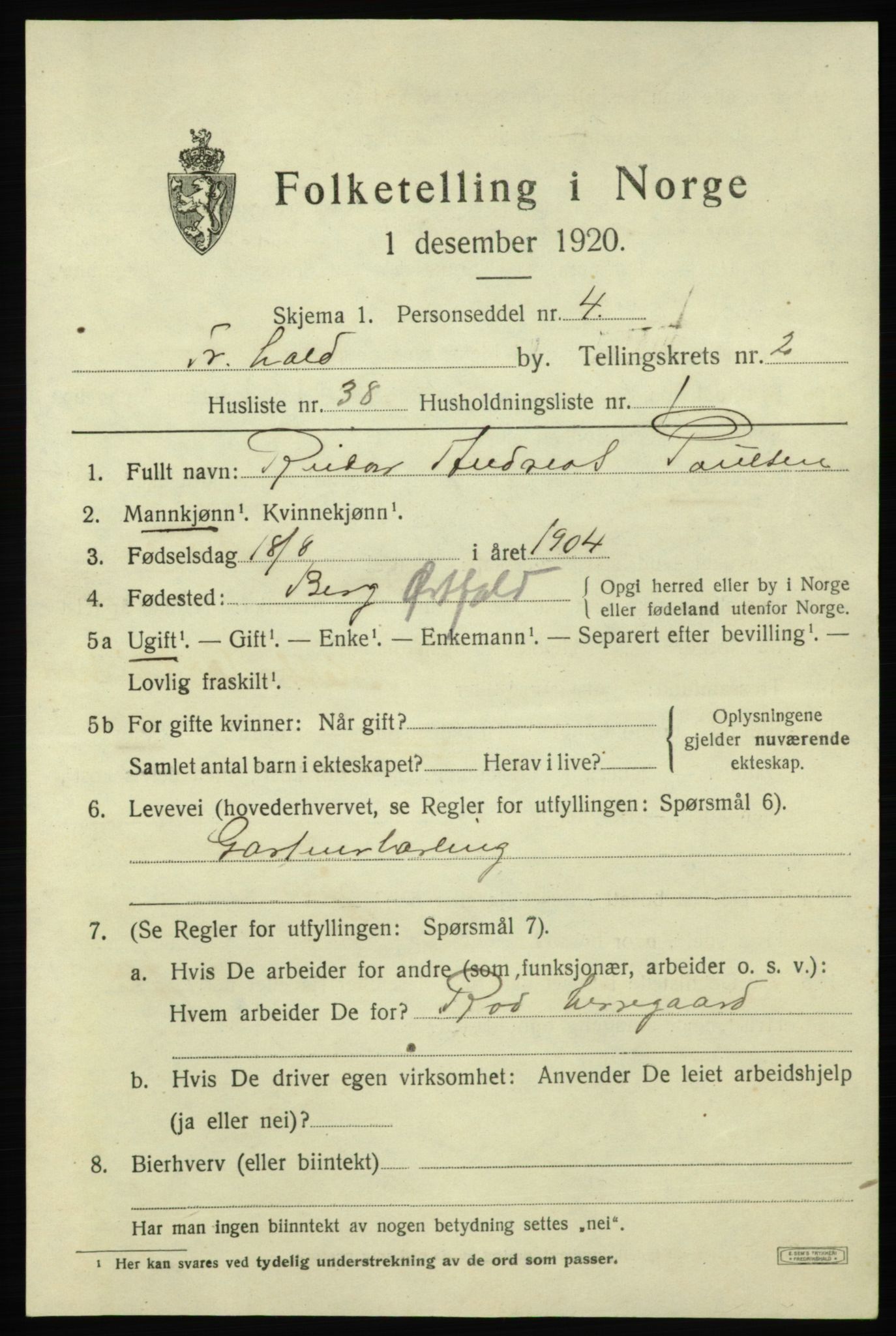 SAO, 1920 census for Fredrikshald, 1920, p. 10249