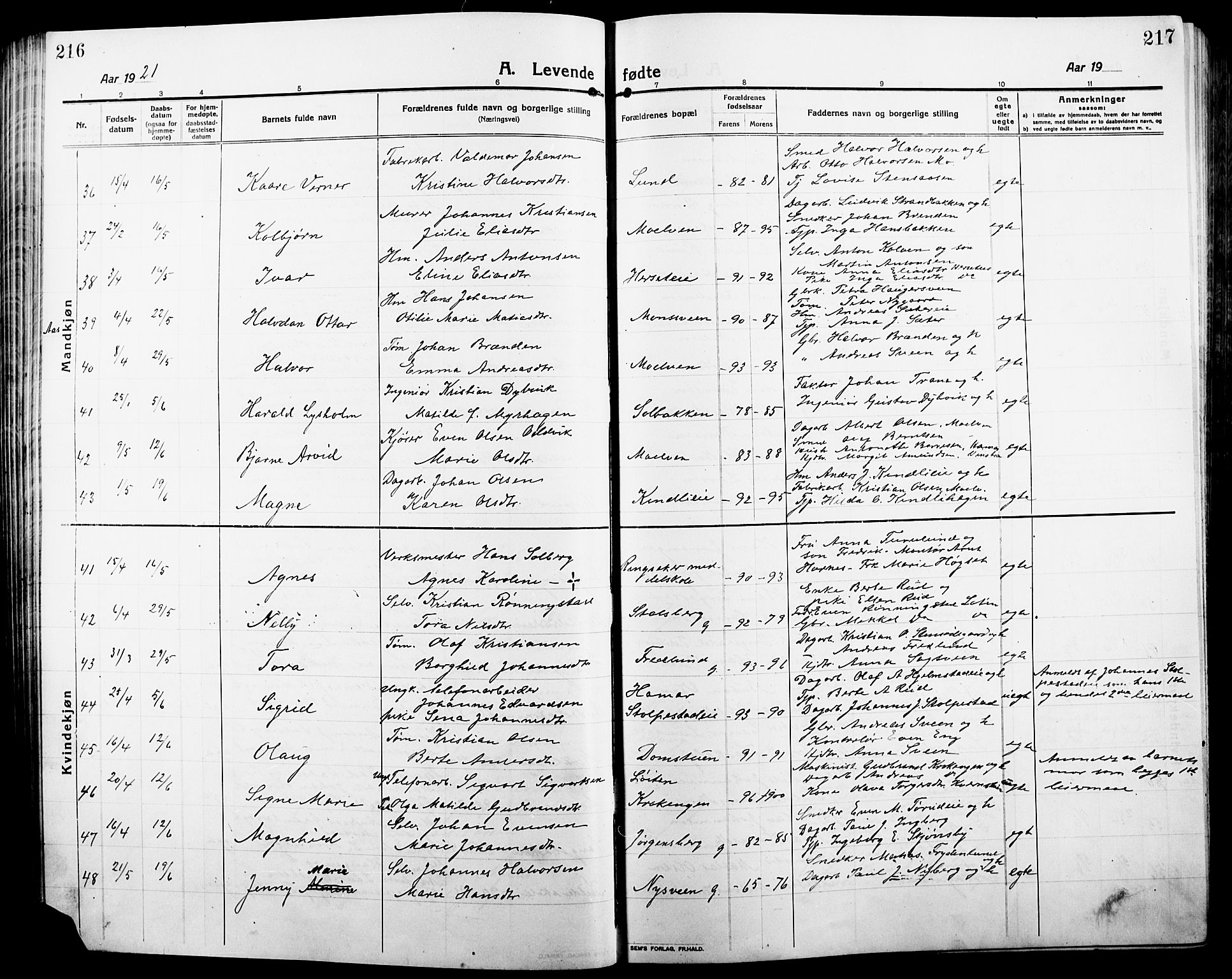 Ringsaker prestekontor, SAH/PREST-014/L/La/L0018: Parish register (copy) no. 18, 1913-1922, p. 216-217
