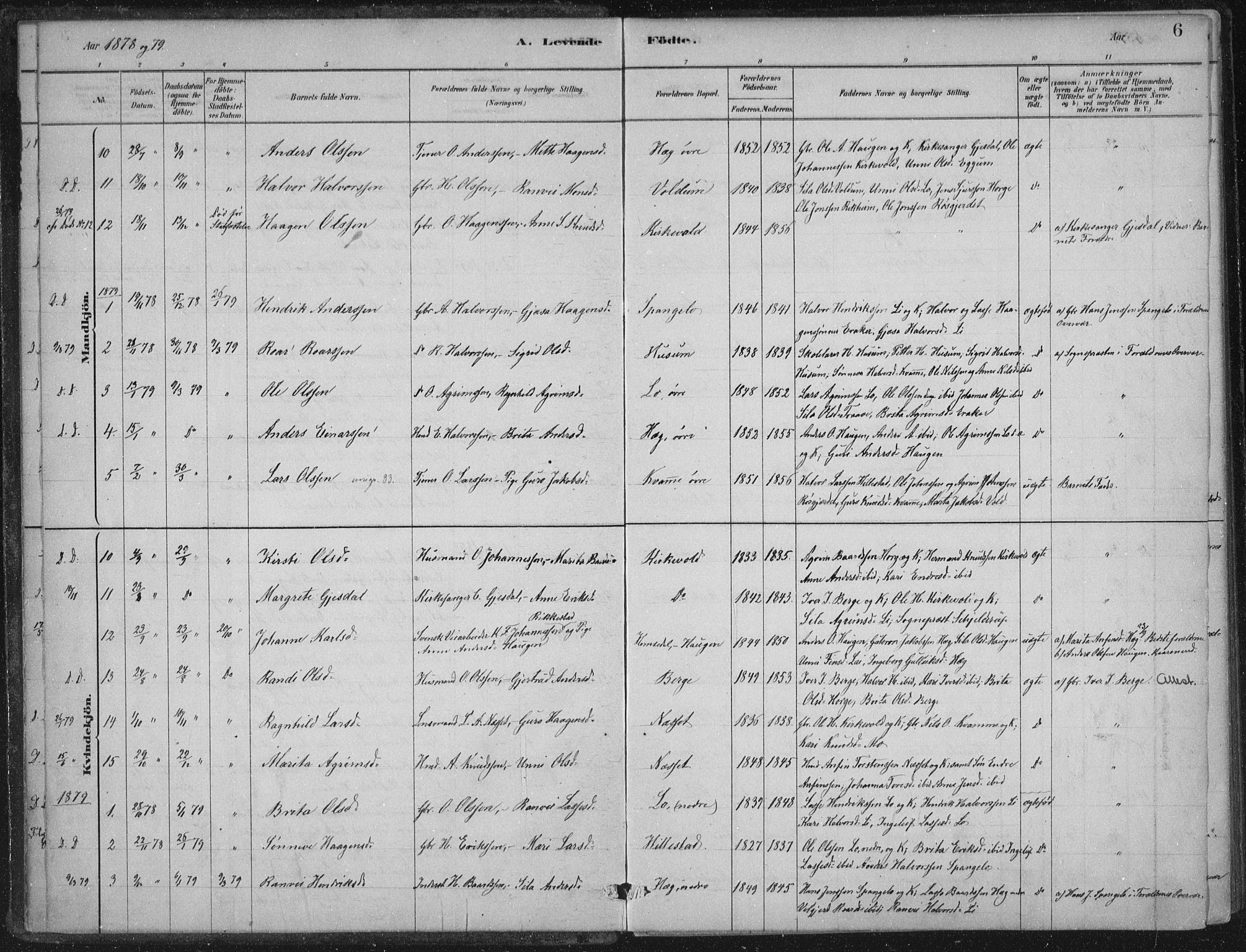 Lærdal sokneprestembete, AV/SAB-A-81201: Parish register (official) no. C  1, 1878-1911, p. 6