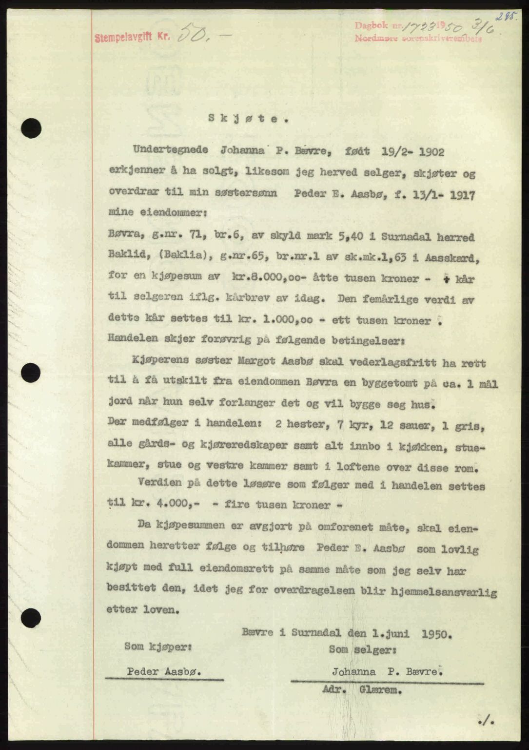 Nordmøre sorenskriveri, AV/SAT-A-4132/1/2/2Ca: Mortgage book no. A115, 1950-1950, Diary no: : 1723/1950