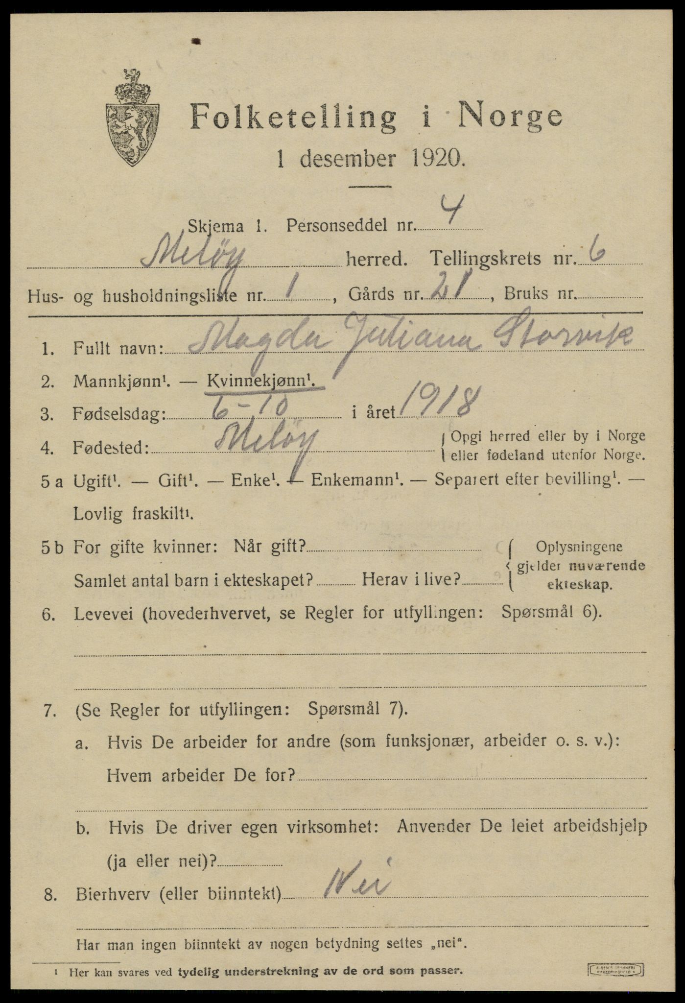 SAT, 1920 census for Meløy, 1920, p. 3395