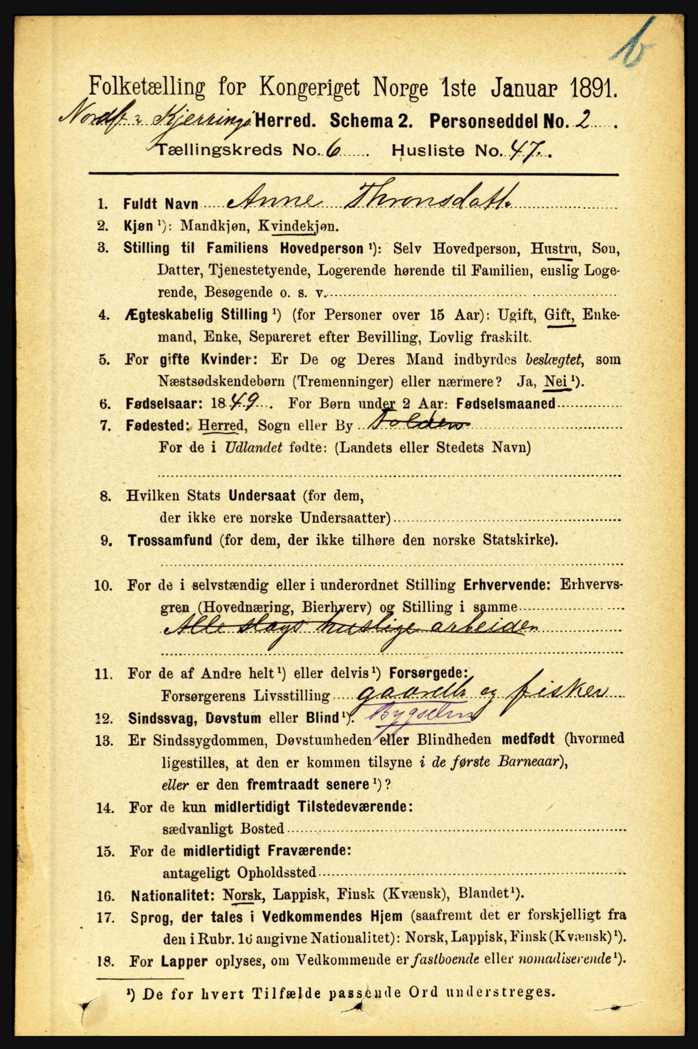 RA, 1891 census for 1846 Nordfold-Kjerringøy, 1891, p. 1691