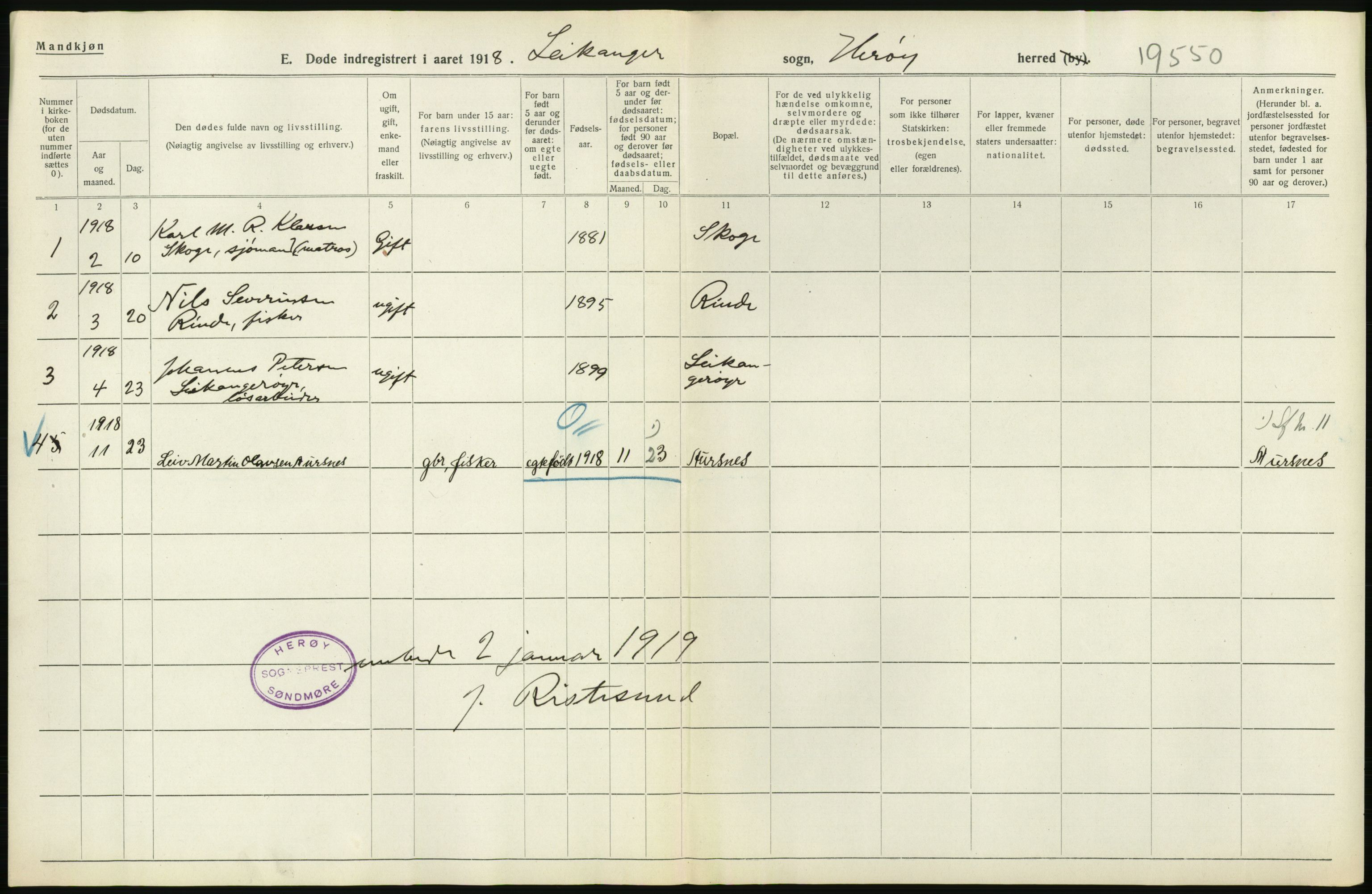 Statistisk sentralbyrå, Sosiodemografiske emner, Befolkning, AV/RA-S-2228/D/Df/Dfb/Dfbh/L0045: Møre fylke: Døde. Bygder og byer., 1918, p. 308