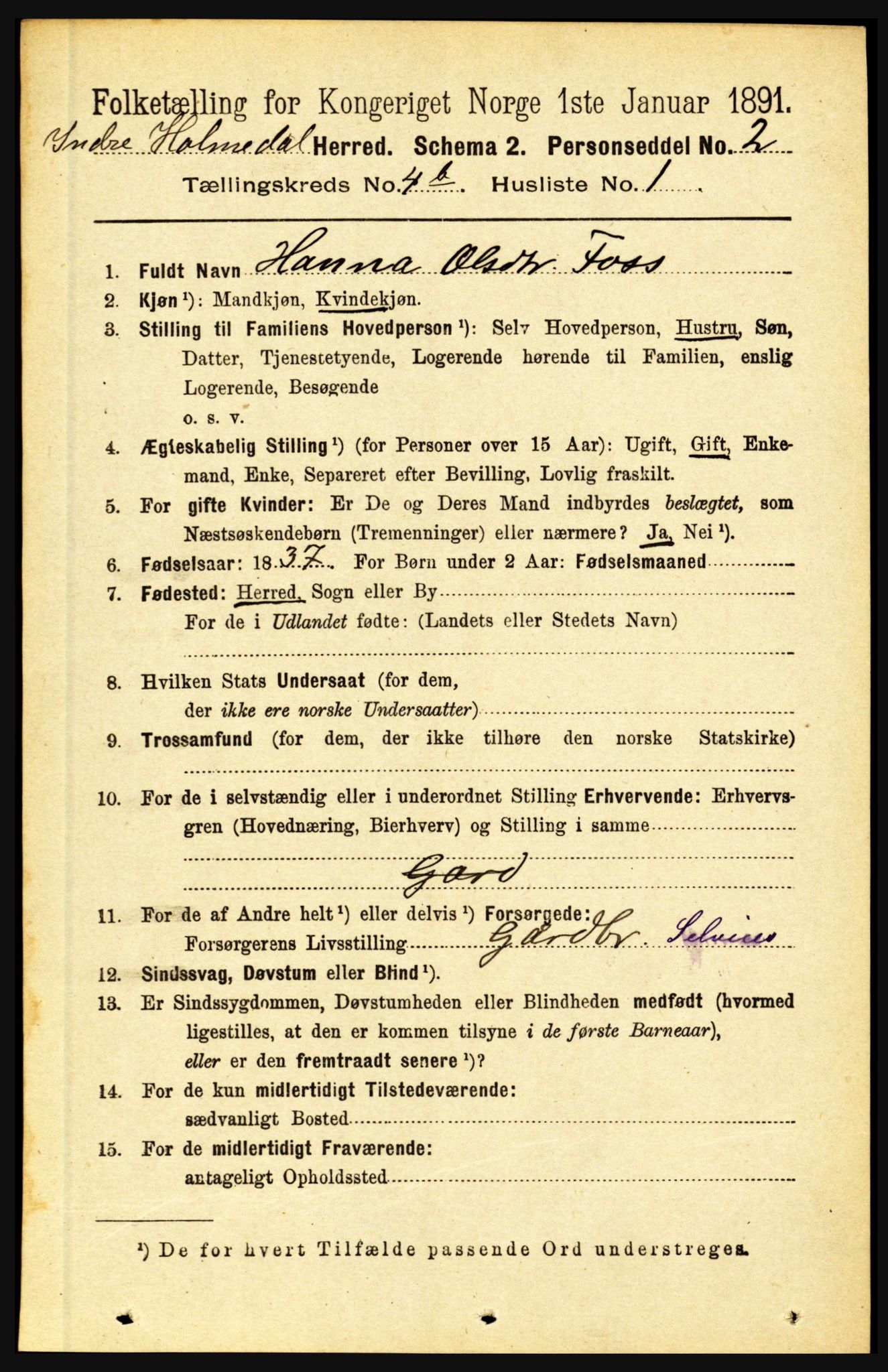 RA, 1891 census for 1430 Indre Holmedal, 1891, p. 1453