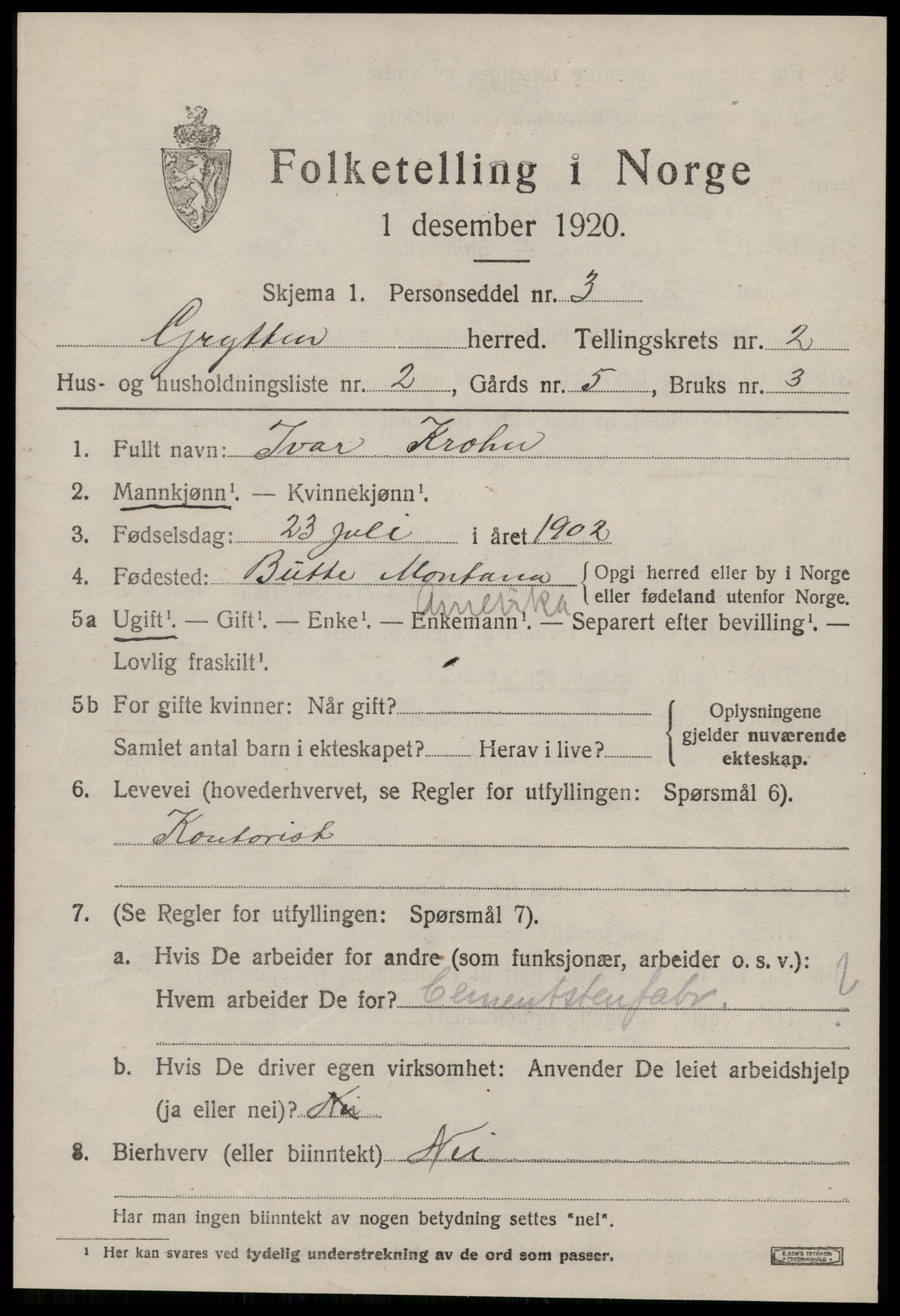 SAT, 1920 census for Grytten, 1920, p. 1900